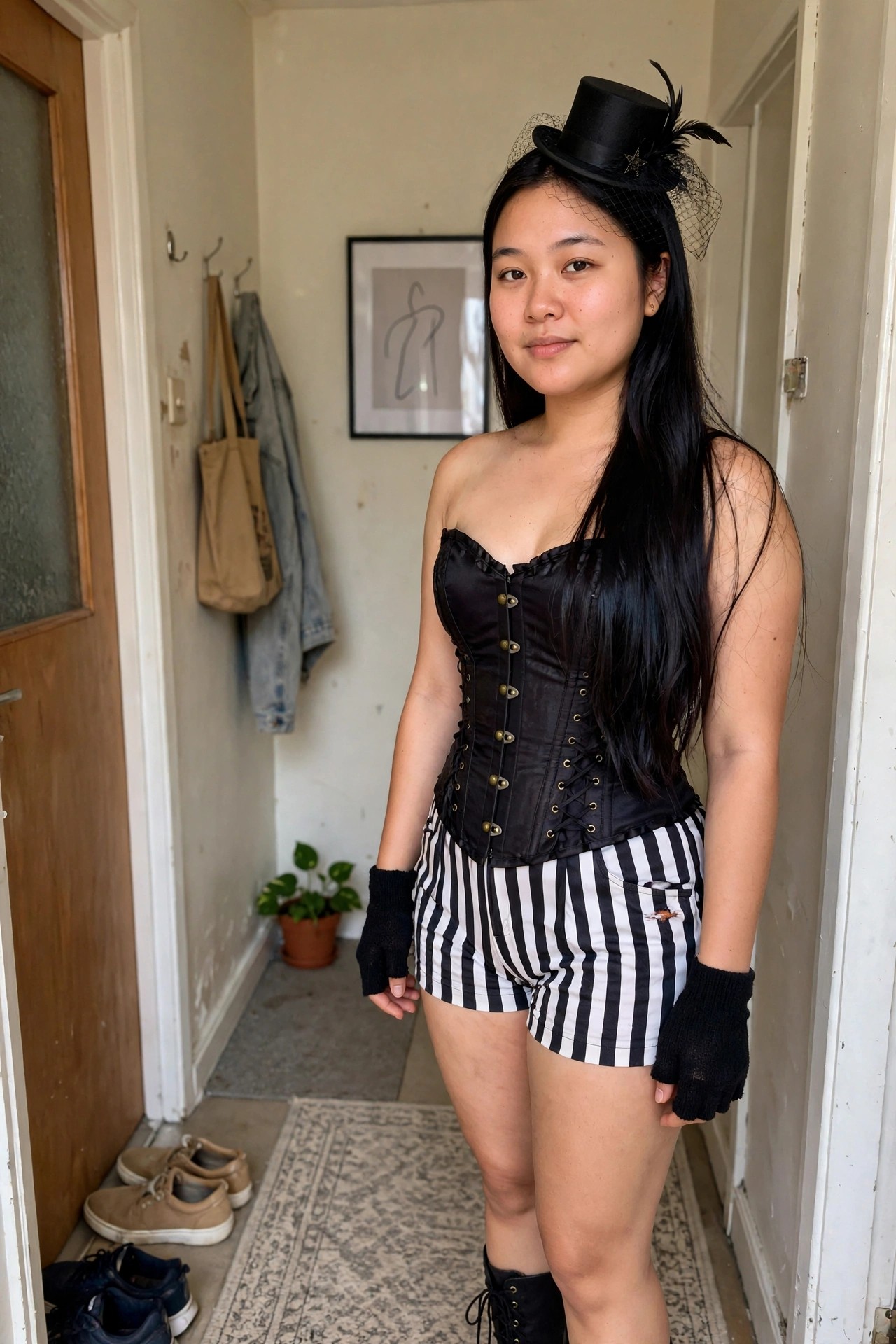 Woman wearing a black corset with gold hardware, black and white striped shorts, fingerless gloves, and a small black top hat with veil and feather for a circus ringmaster costume.