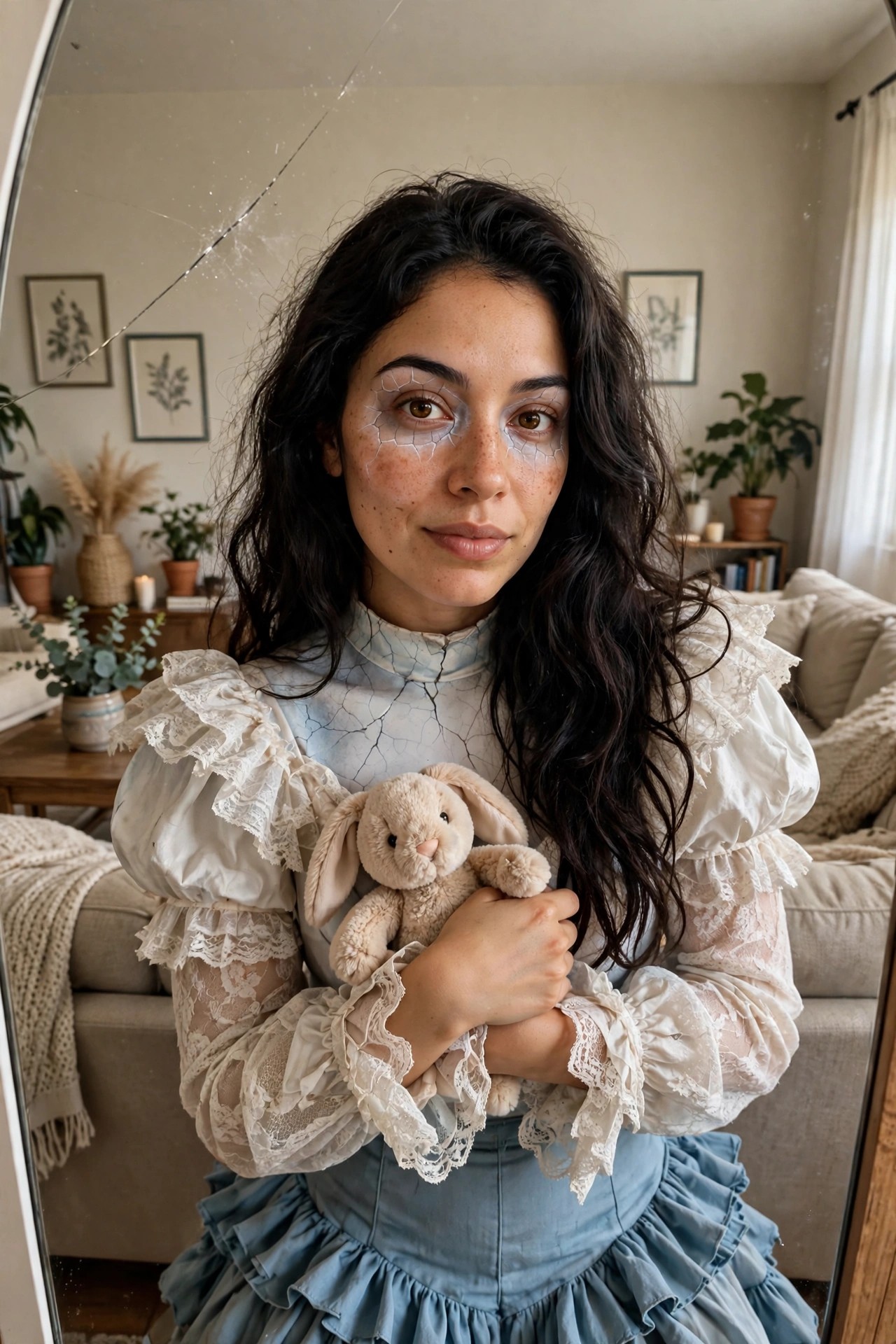 Woman wearing a cracked porcelain doll Halloween costume with white and blue face paint, lace blouse, blue ruffled skirt, and holding a stuffed bunny.