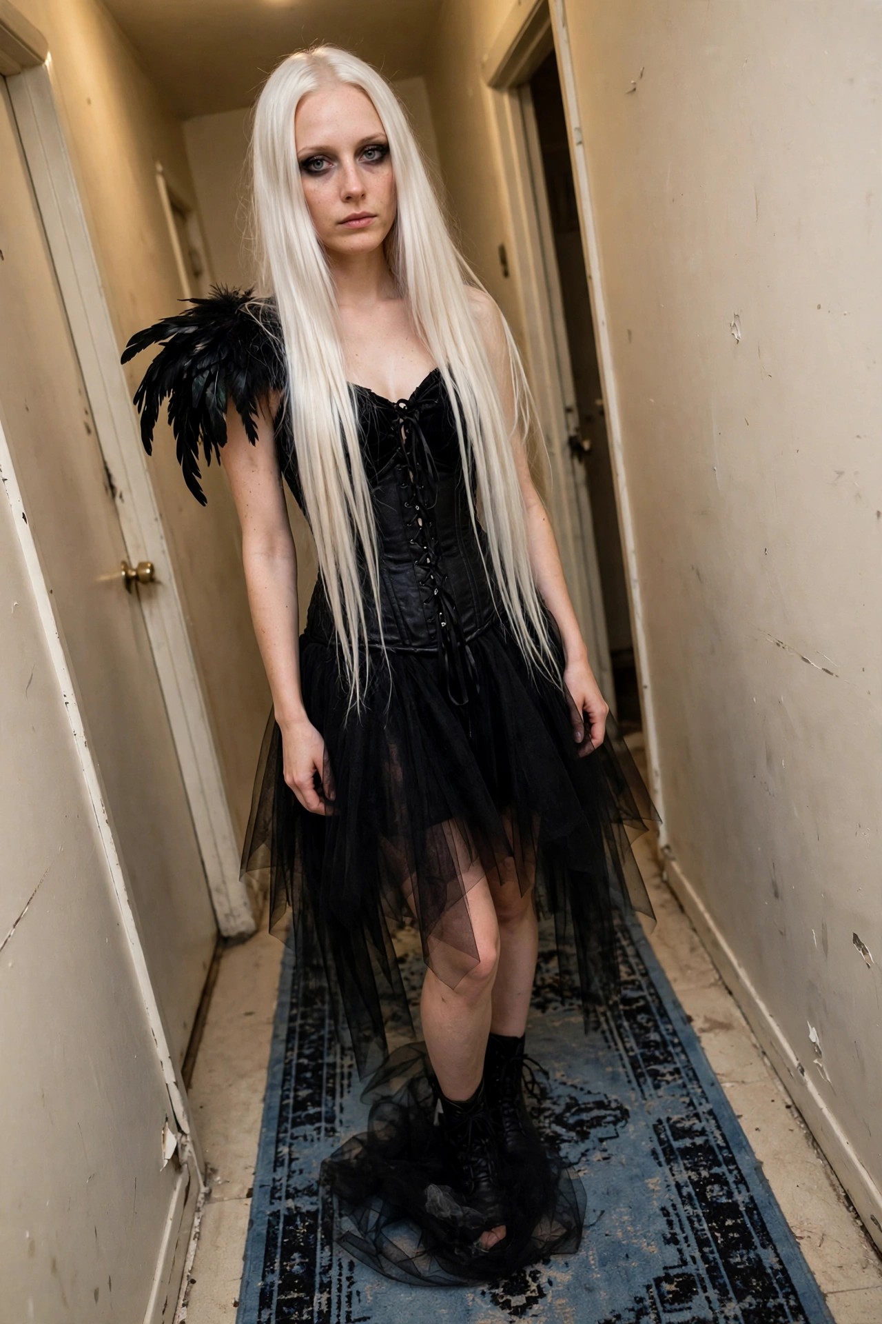 Woman wearing a black corset top with layered tulle skirt, single black feathered wing on one shoulder, long white hair, and black boots in a hallway.