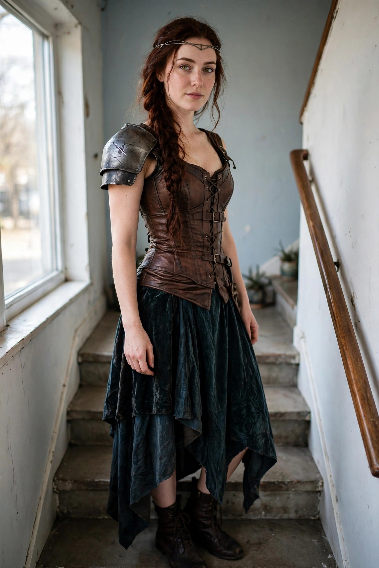 Woman wearing brown leather corset with metal shoulder armor, layered dark green velvet skirt, and brown boots in a fantasy warrior costume.
