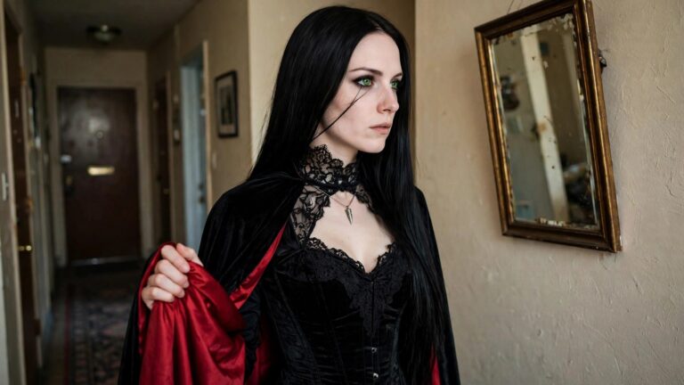 21+ Eye-Catching Halloween Costume Ideas for Women Woman wearing a black velvet cape with red lining over a black lace corset and choker with tooth pendant, long black hair, dark lipstick.