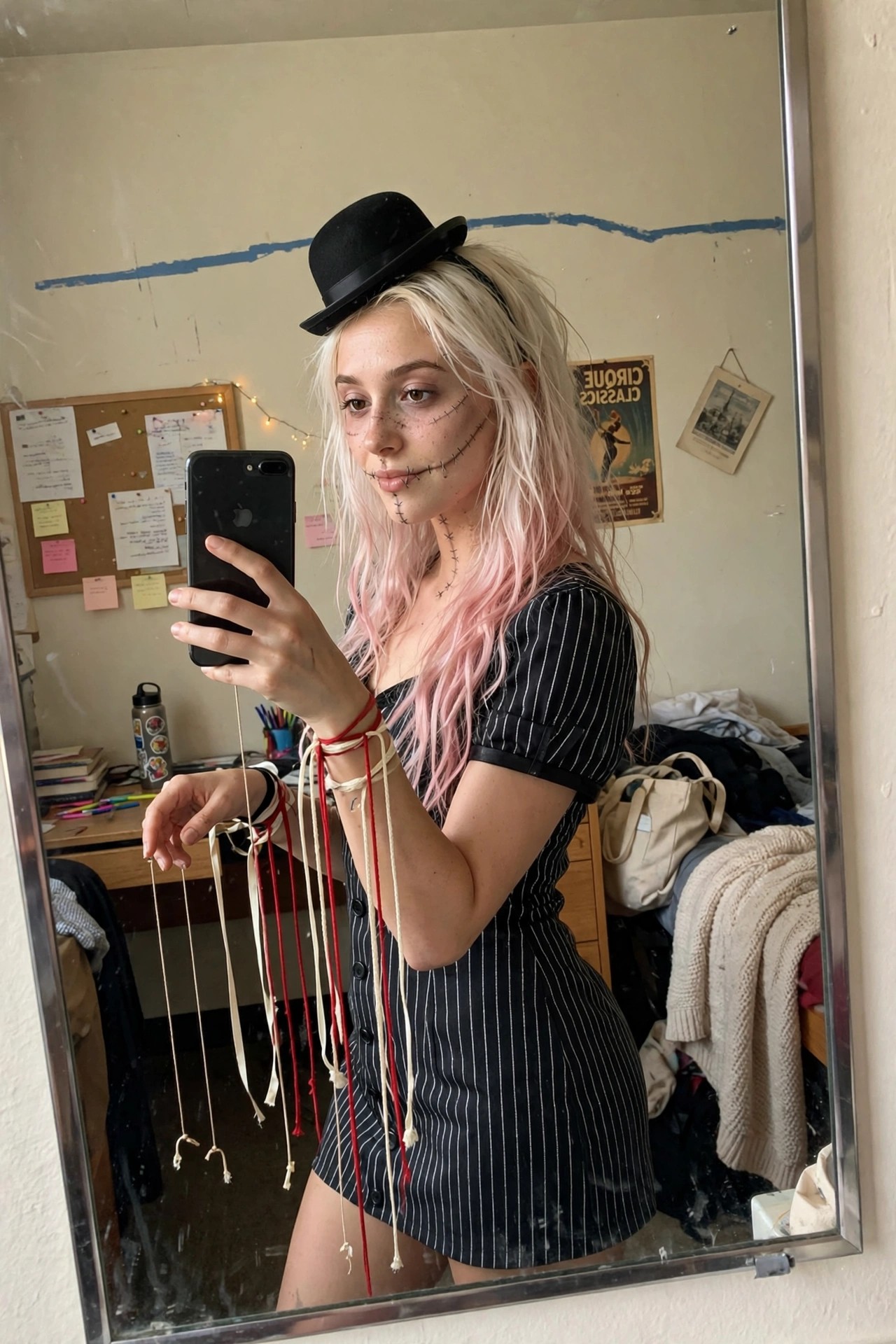 Woman in Jack Skellington costume with black and white striped dress, bowler hat, stitched skeleton face paint, and red and white strings tied around the wrists.