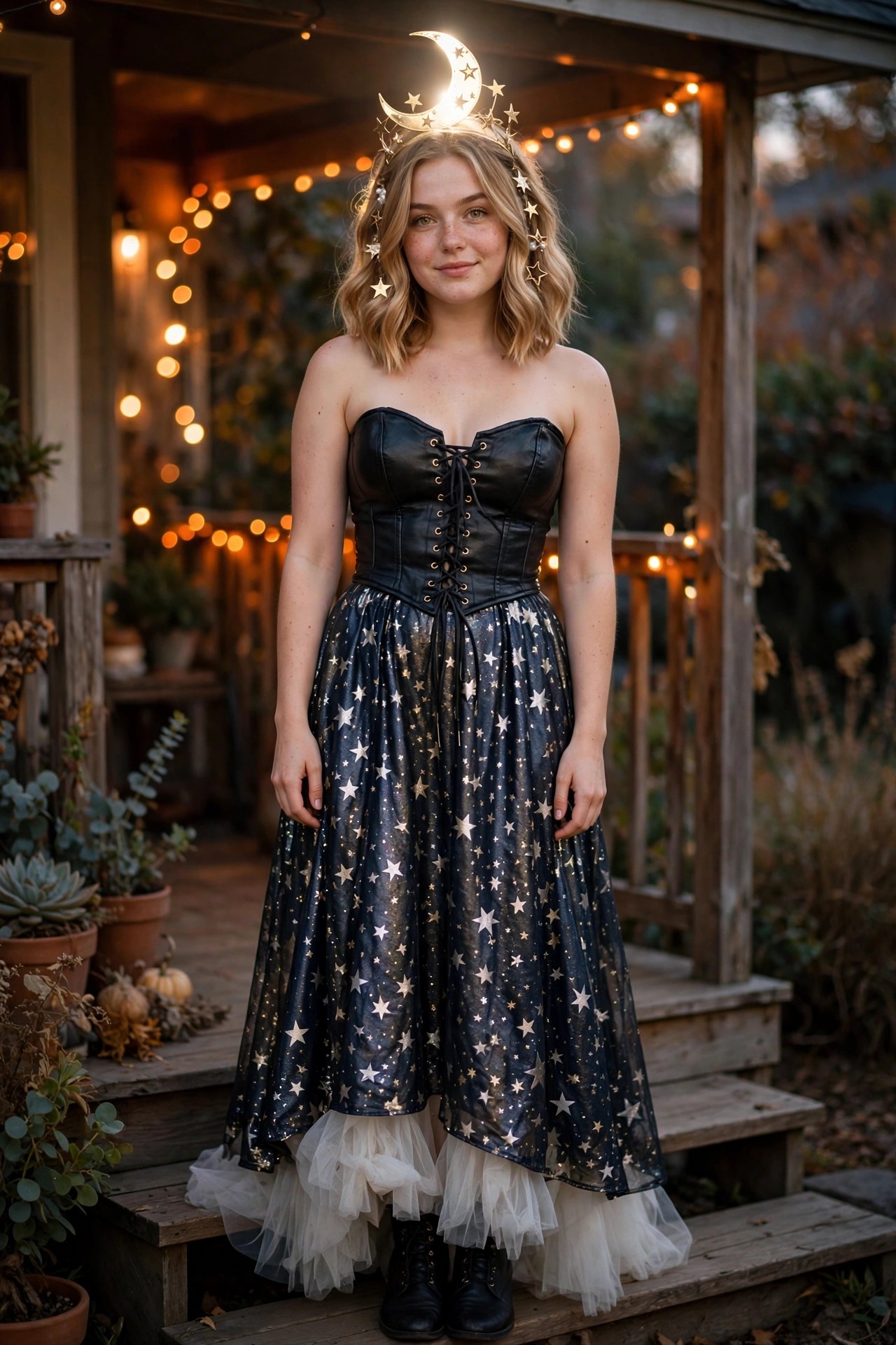 Woman wearing a black laced corset top and dark skirt covered in white and gold stars, with a glowing crescent moon and star headpiece, standing on wooden steps.