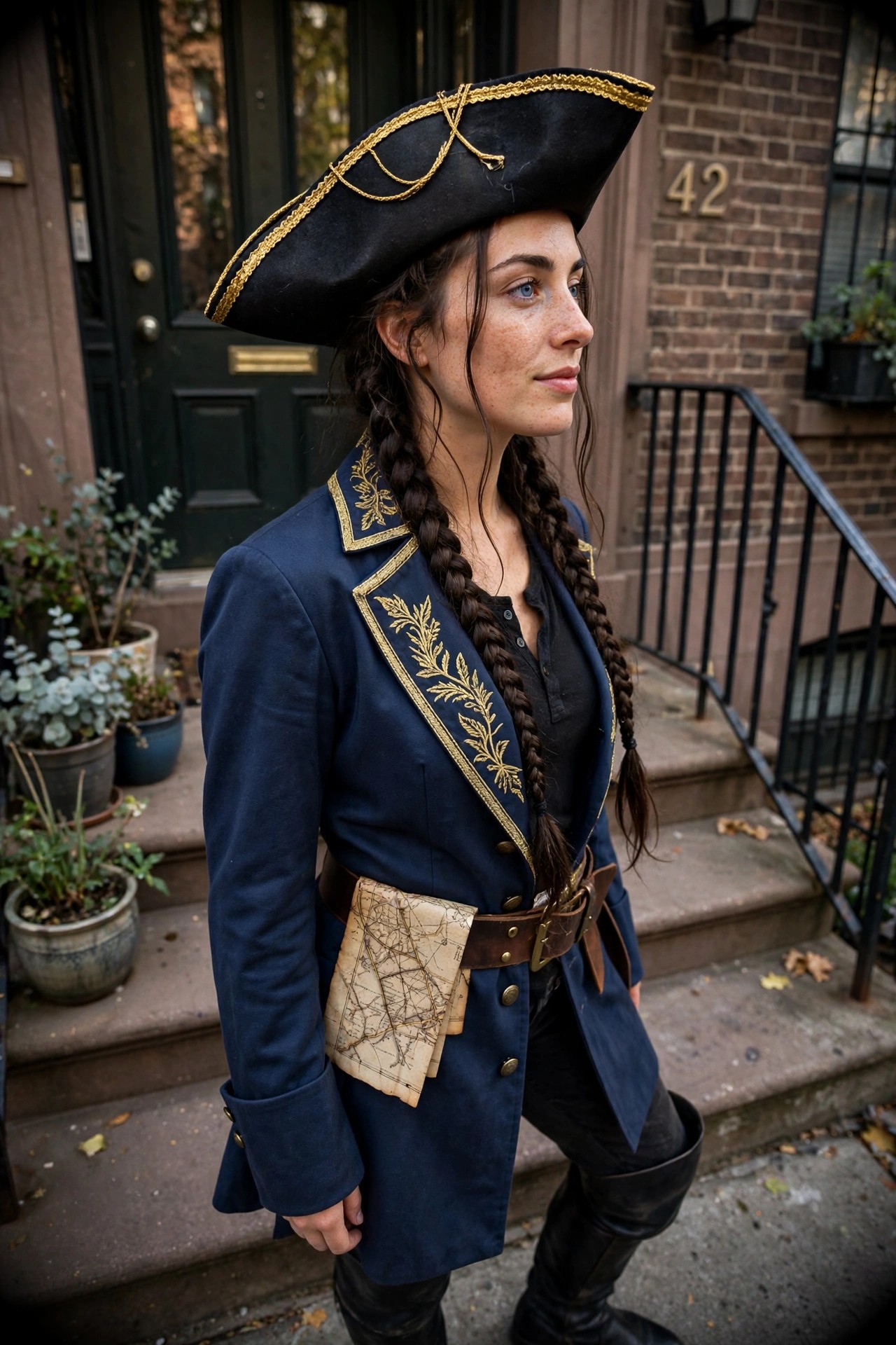 Woman wearing a navy blue coat with gold embroidery, black tricorn hat with gold trim, brown leather belt holding a folded map, and black boots in a pirate captain costume.