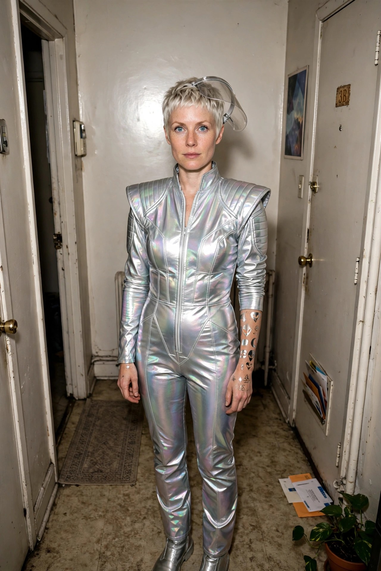 A woman wearing a shiny silver metallic astronaut jumpsuit with a clear visor headpiece and silver boots.