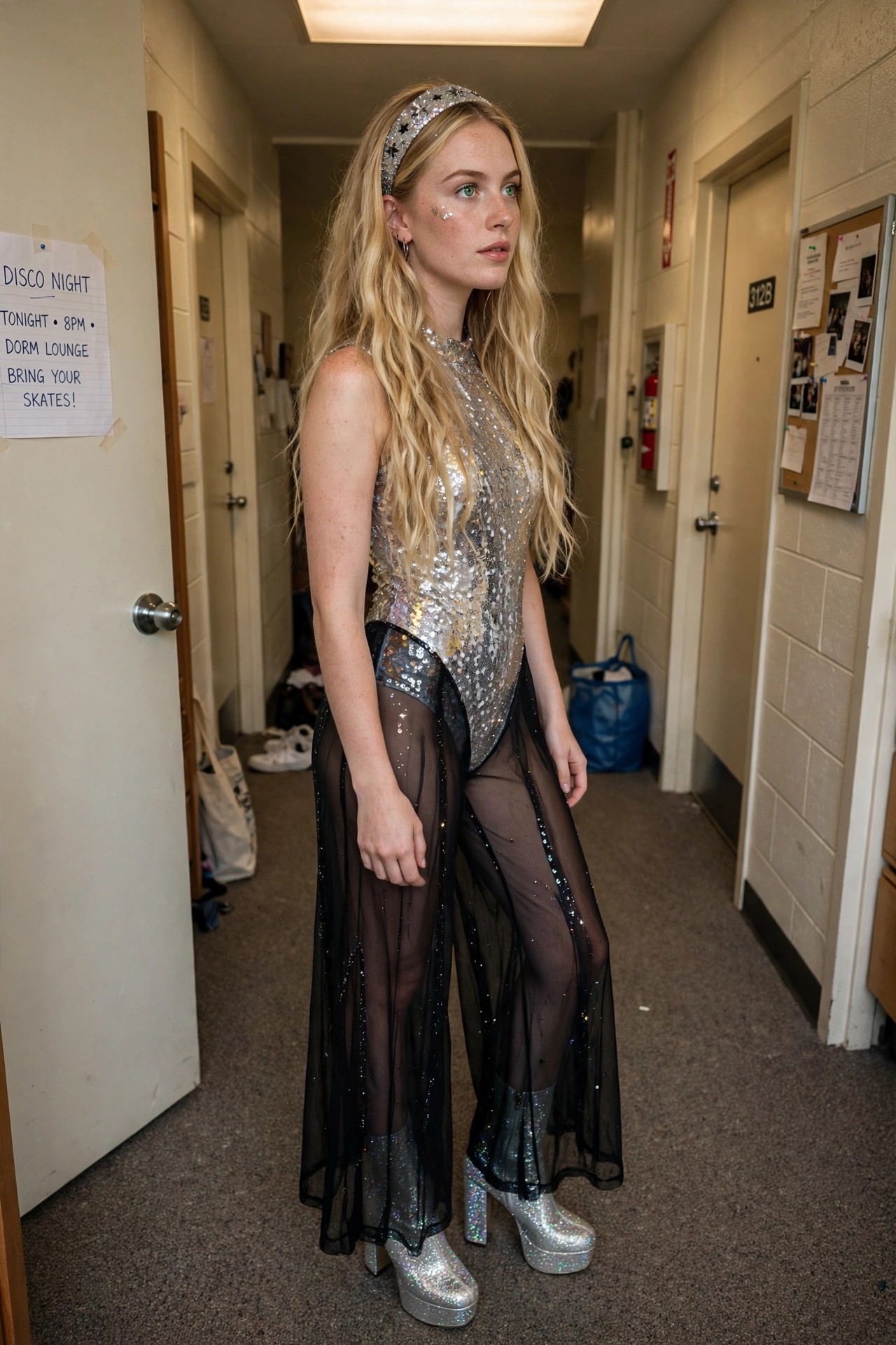 Woman in a silver sequined sleeveless bodysuit paired with sheer black glitter overlay pants and silver glitter platform boots, wearing a star headband.