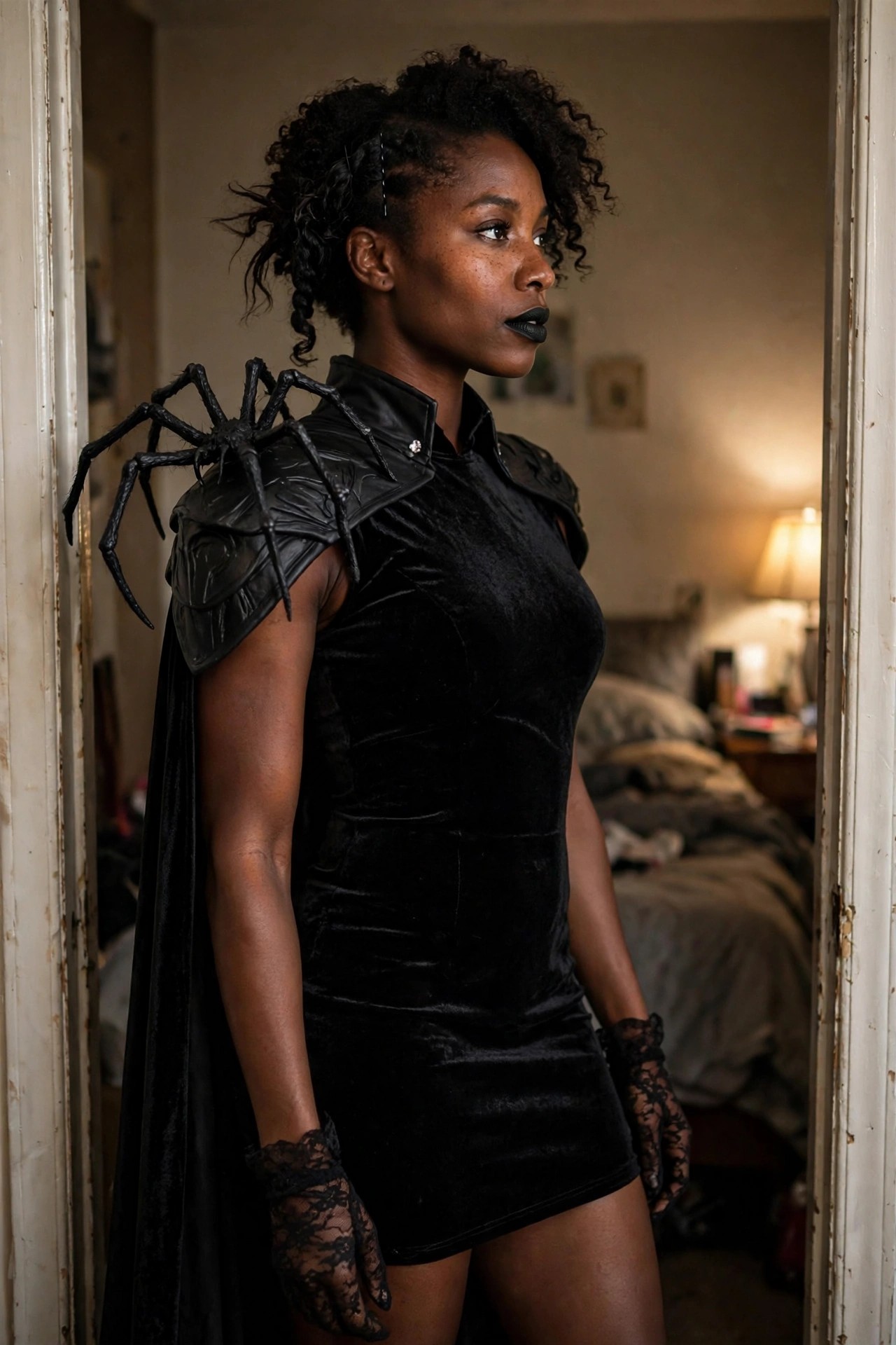 Woman wearing a black velvet mini dress with cape and lace gloves, featuring a large black spider shoulder piece as the main costume element.