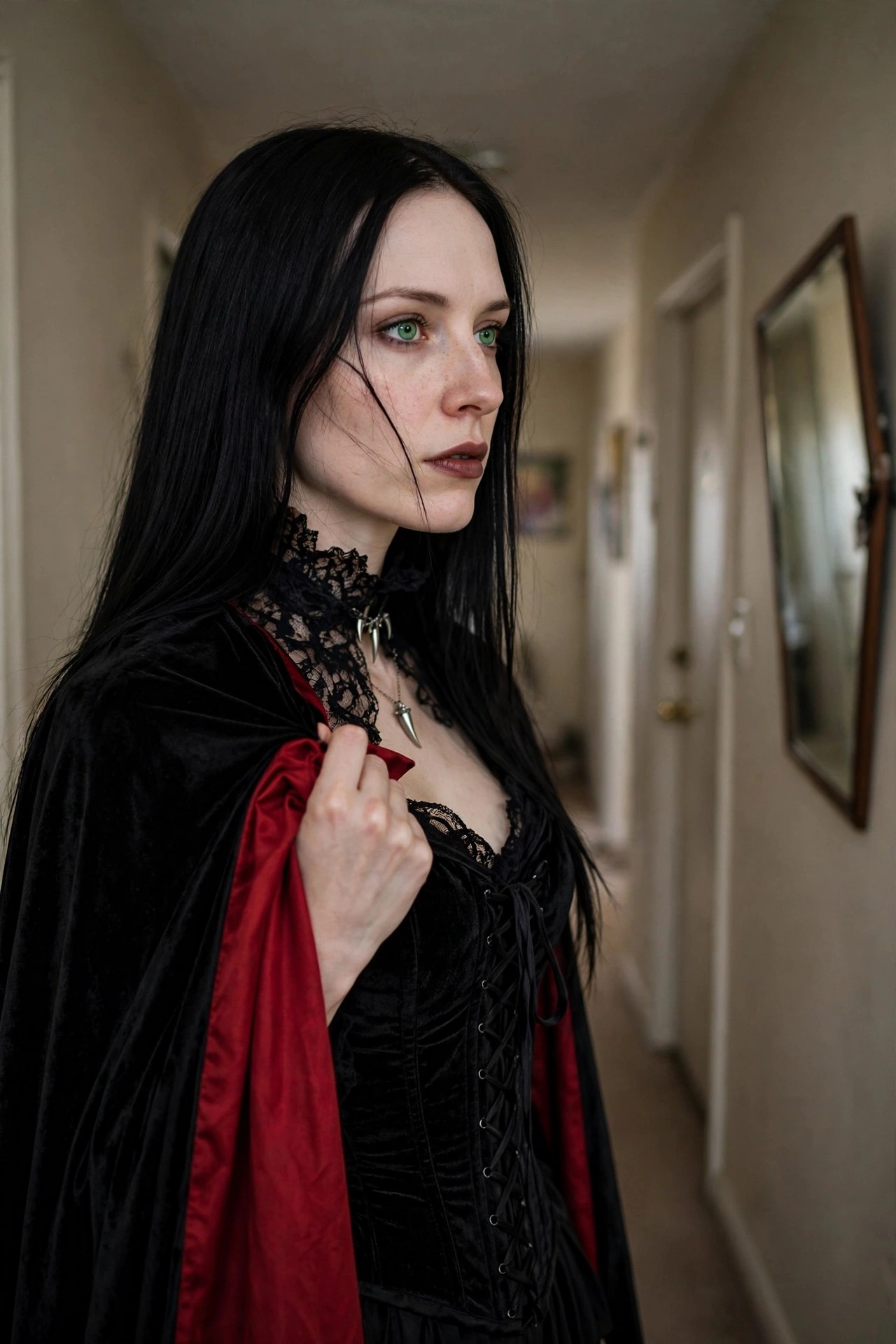 Woman wearing a black velvet cape with red lining over a black lace corset and choker with tooth pendant, long black hair, dark lipstick.