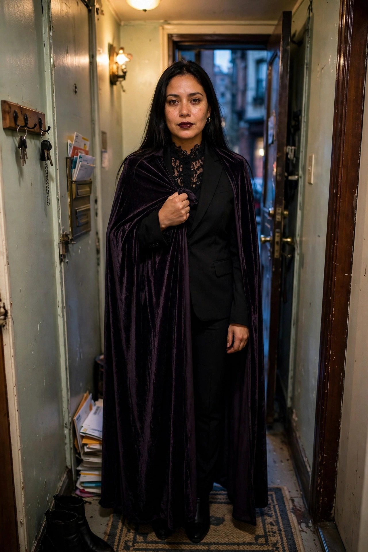 Woman wearing a long dark purple velvet cape over a black suit and lace top, standing in a hallway.