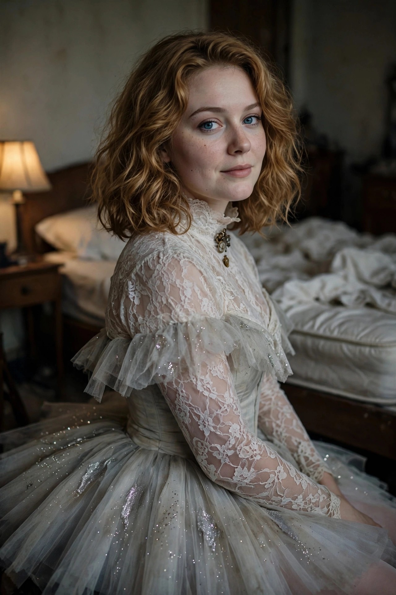 Woman wearing a white lace Victorian style dress with high collar sheer sleeves ruffled shoulders and glitter tulle skirt as a ghost bride Halloween costume.