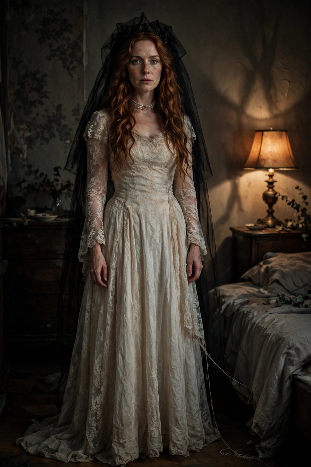 Woman wearing a tattered ivory lace wedding dress with a black veil and crown, standing in a dimly lit bedroom.