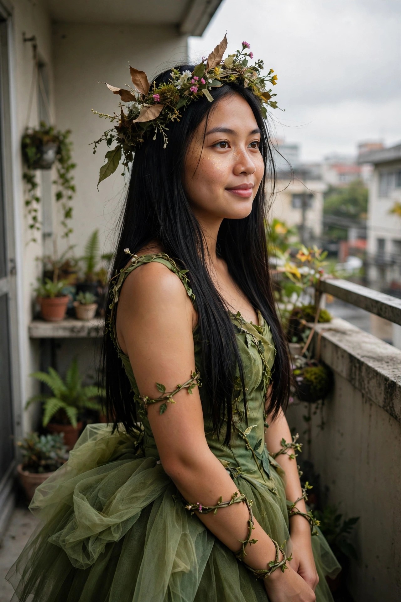 Woman wearing a green dress with sheer tulle skirt, vine wraps on arms, and a crown of leaves and flowers.