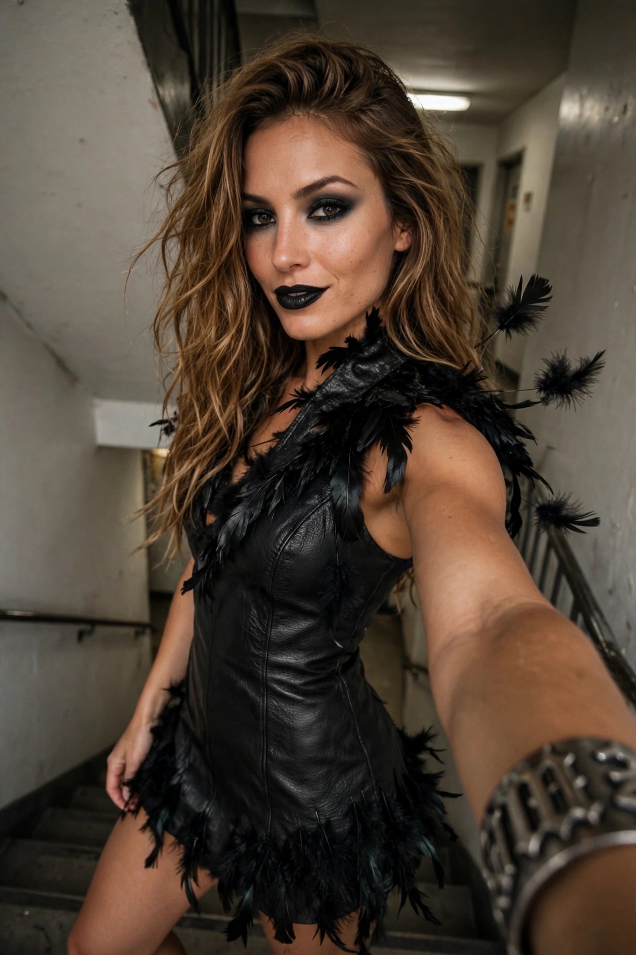 Woman wearing a short black leather-style mini dress trimmed with black feathers, taking a selfie on stairs with dark smoky eye makeup and black lipstick.