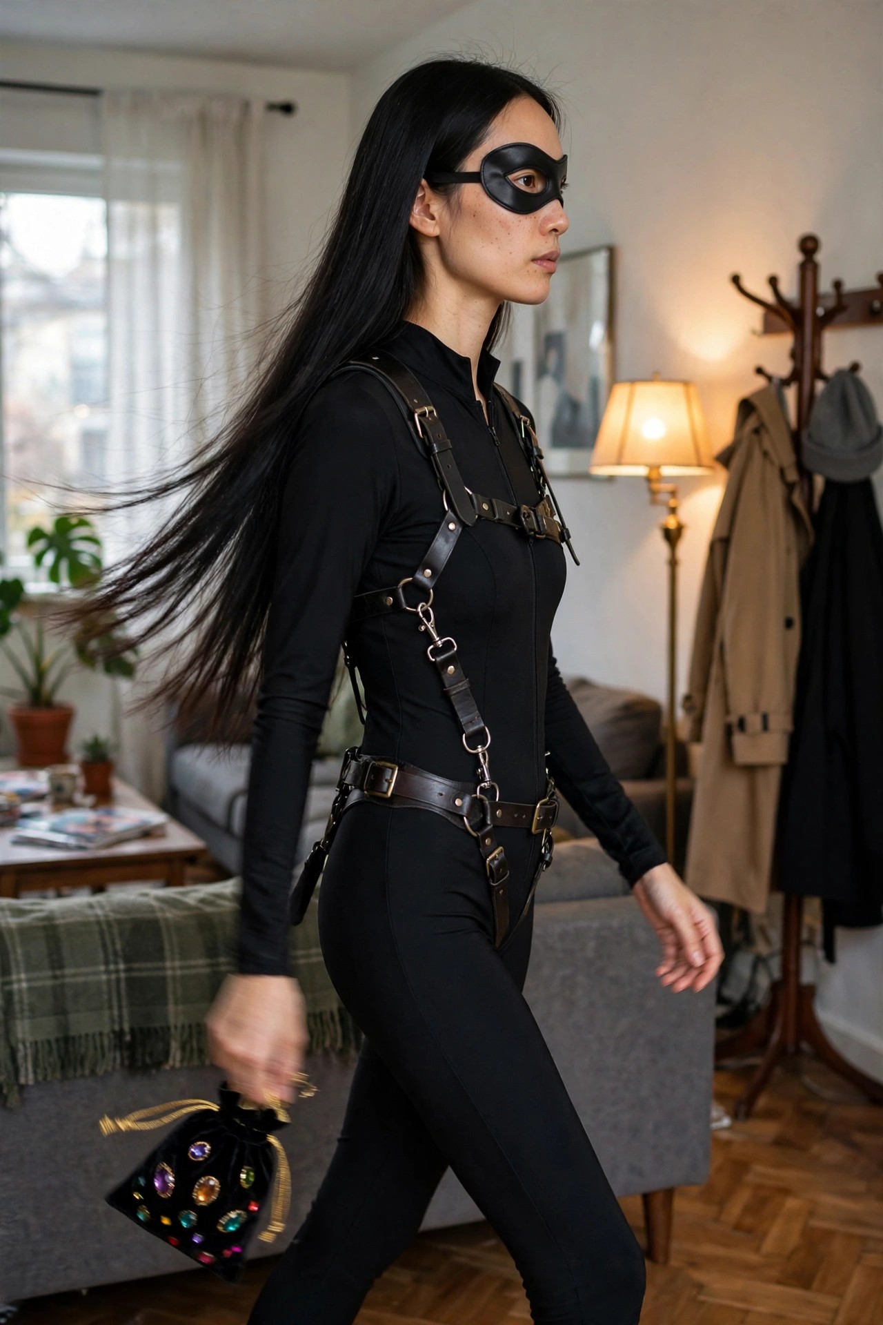 Woman wearing a black form fitting bodysuit with brown leather harness straps across the torso and waist, paired with a black eye mask and holding a small black velvet pouch with colorful gems.