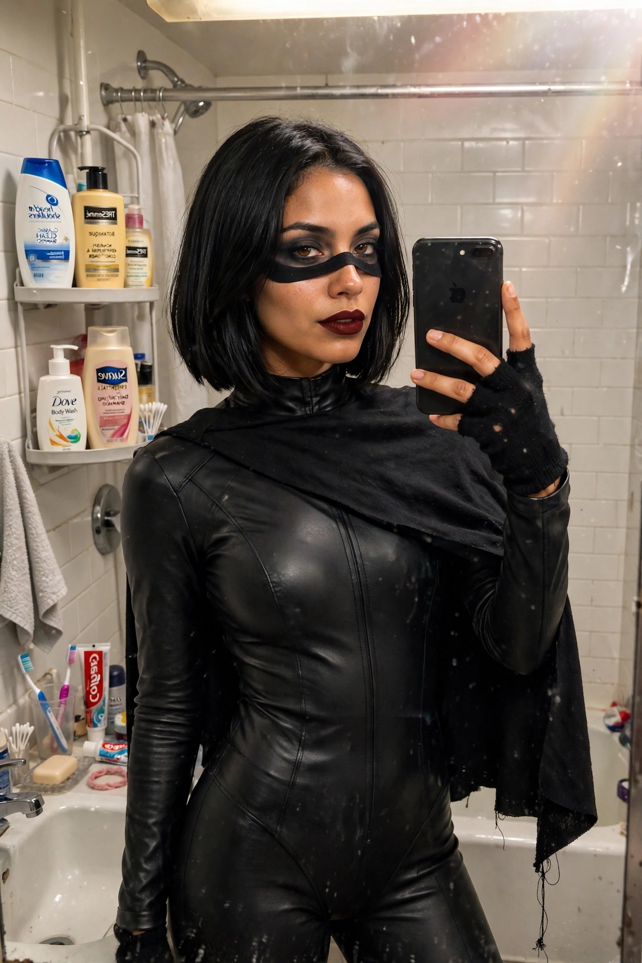 Woman wearing a glossy black catsuit with cape, eye mask, and dark lipstick while holding a phone for a mirror selfie.