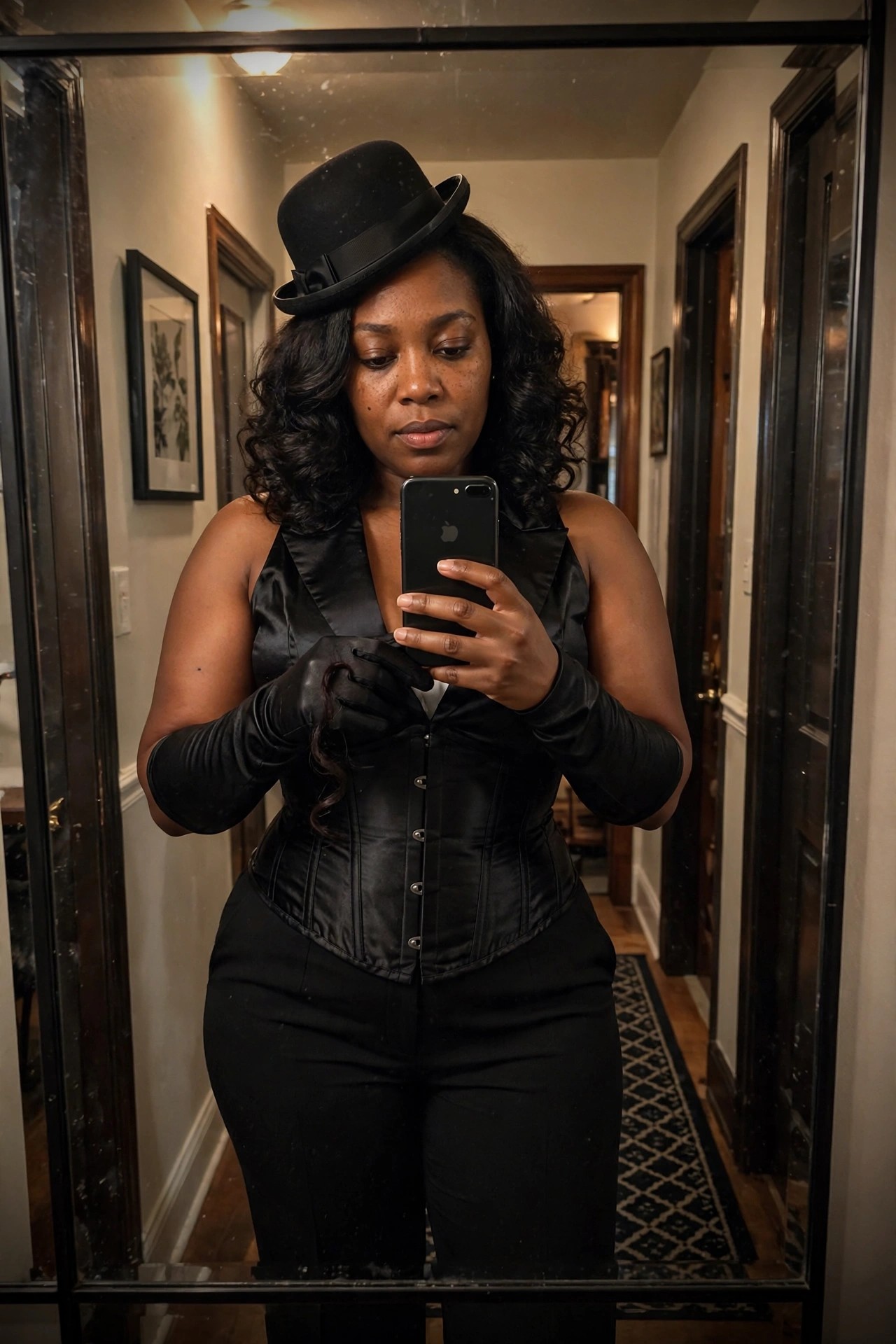 Woman wearing a black corset top with matching pants, long black gloves, and a black bowler hat while taking a mirror selfie.