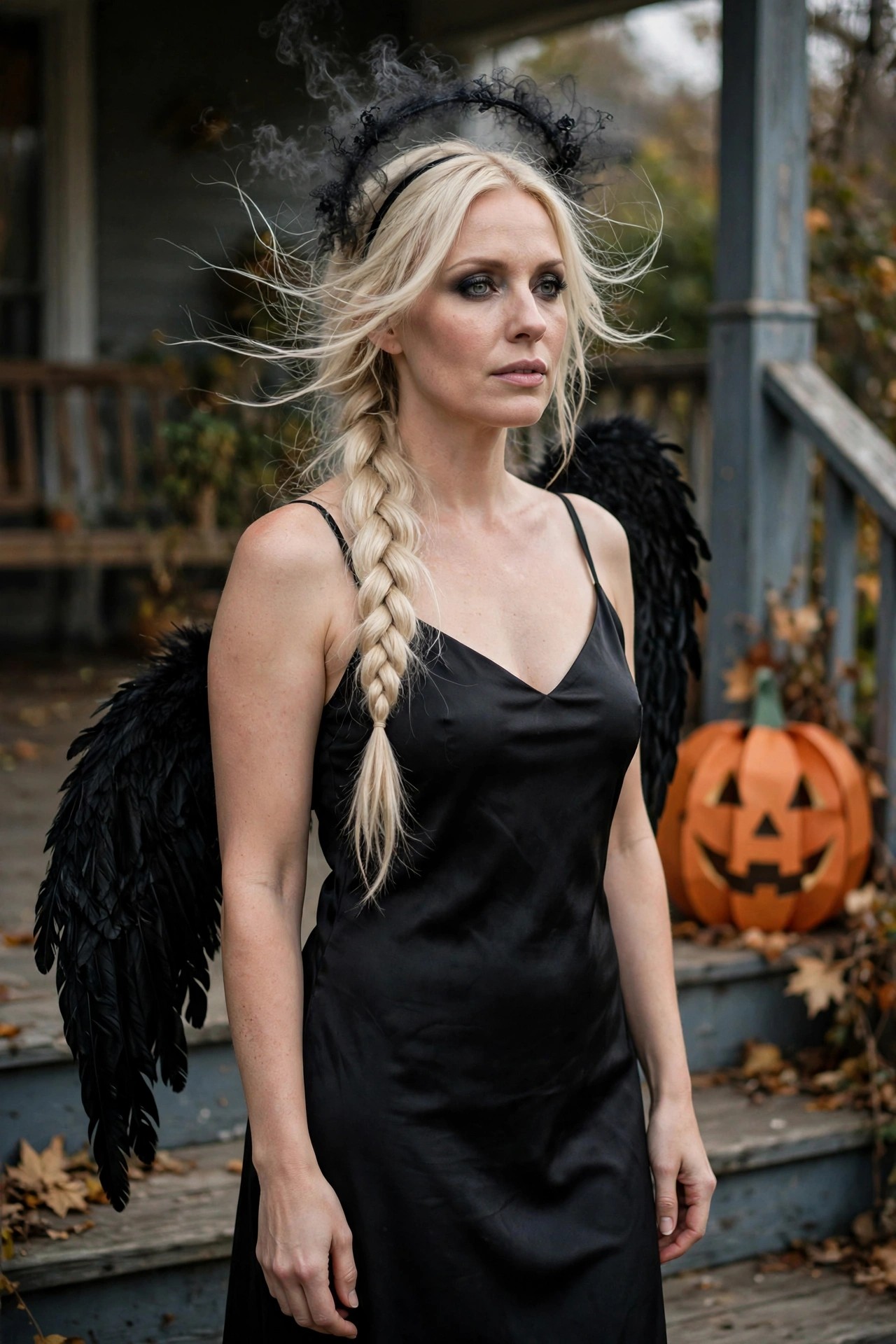 Woman wearing a black slip dress with large black feathered wings and a black halo headpiece with smoke effect, styled with a long blonde braid.