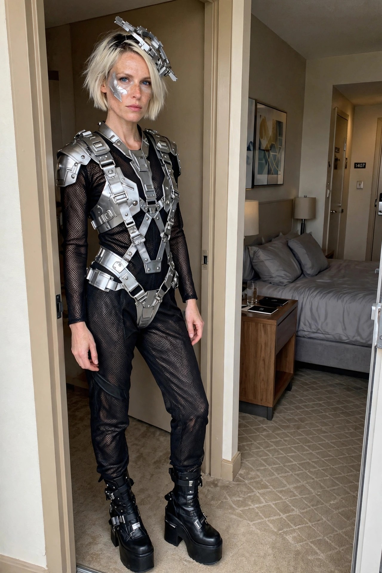 Woman wearing a silver metallic cyborg armor costume with harness plates over black mesh fabric, platform boots, and a matching headpiece.