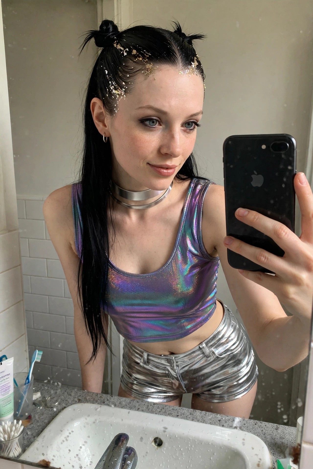 Woman wearing an iridescent purple crop top and silver metallic shorts with a silver choker, hair in small top buns with gold glitter flakes.