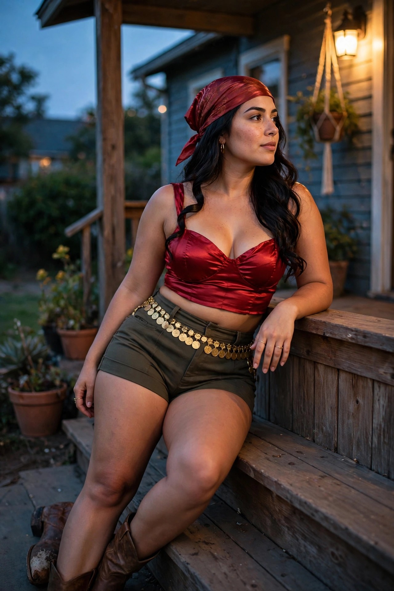 Woman wearing a red satin bustier top, olive shorts with gold coin belt, red bandana, and brown boots in a pirate style costume.