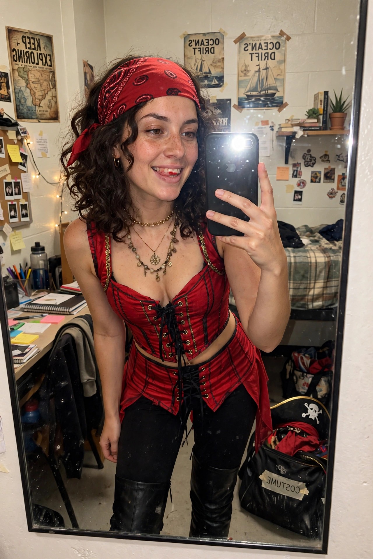 Woman wearing a red corset top with black lacing and cutouts at the waist, black pants, black boots, red bandana, and layered necklaces in a mirror selfie.