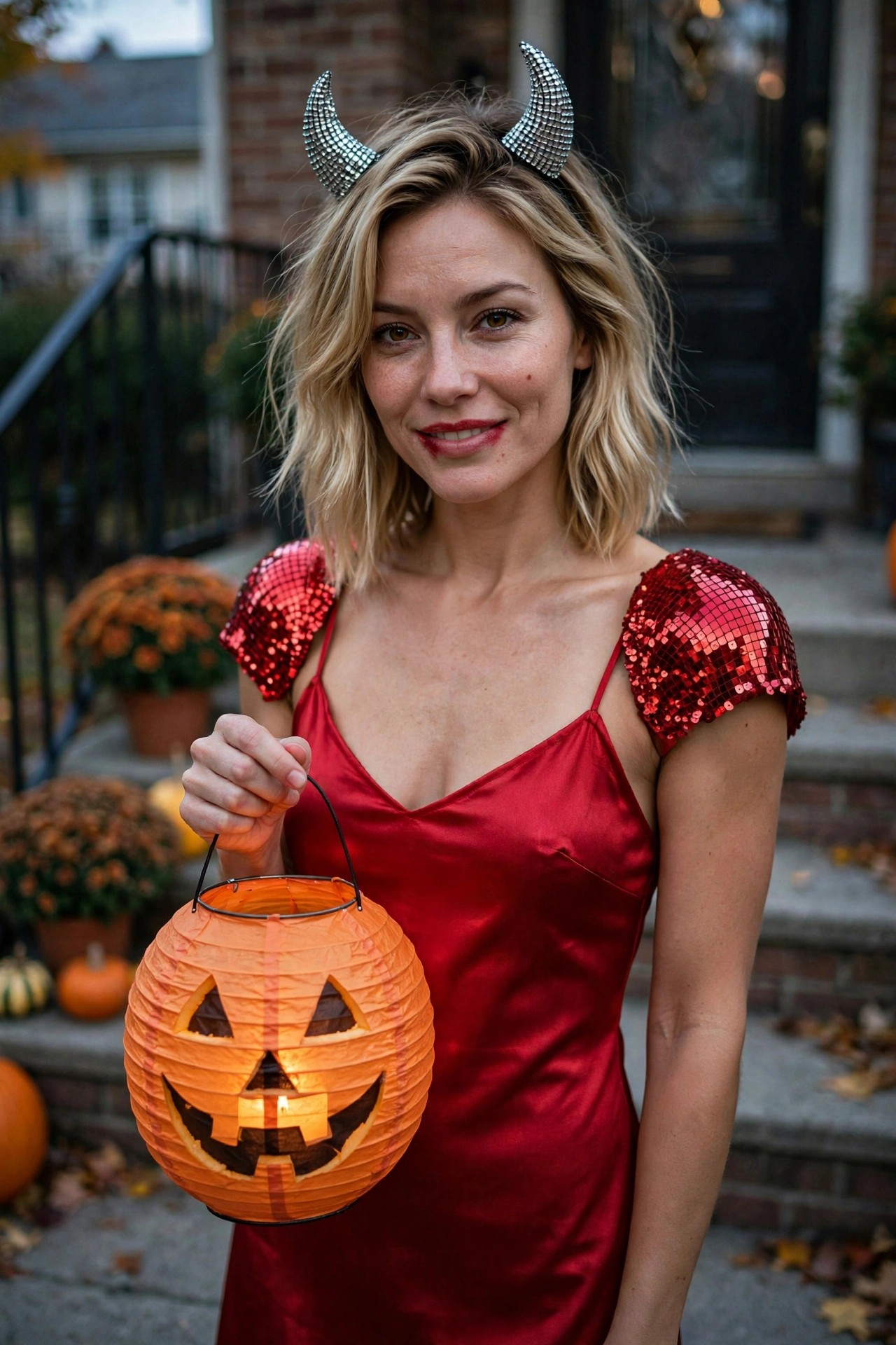 Woman wearing a red satin slip dress with red sequin shoulder caps and silver studded devil horns while holding a lit orange paper jack o lantern.