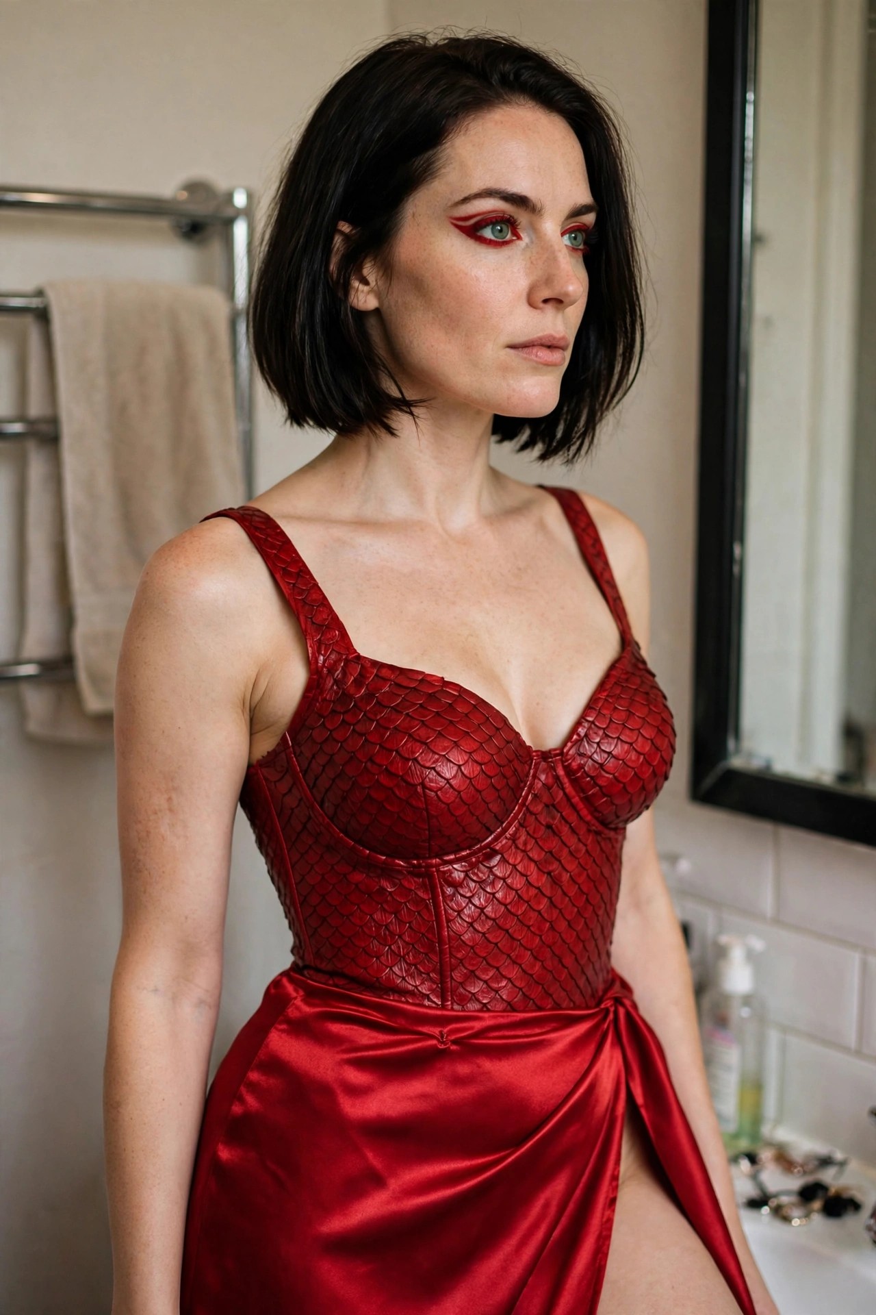 Woman wearing a red scaled corset top with a matching red satin wrap skirt featuring a high slit and bold red winged eyeliner.