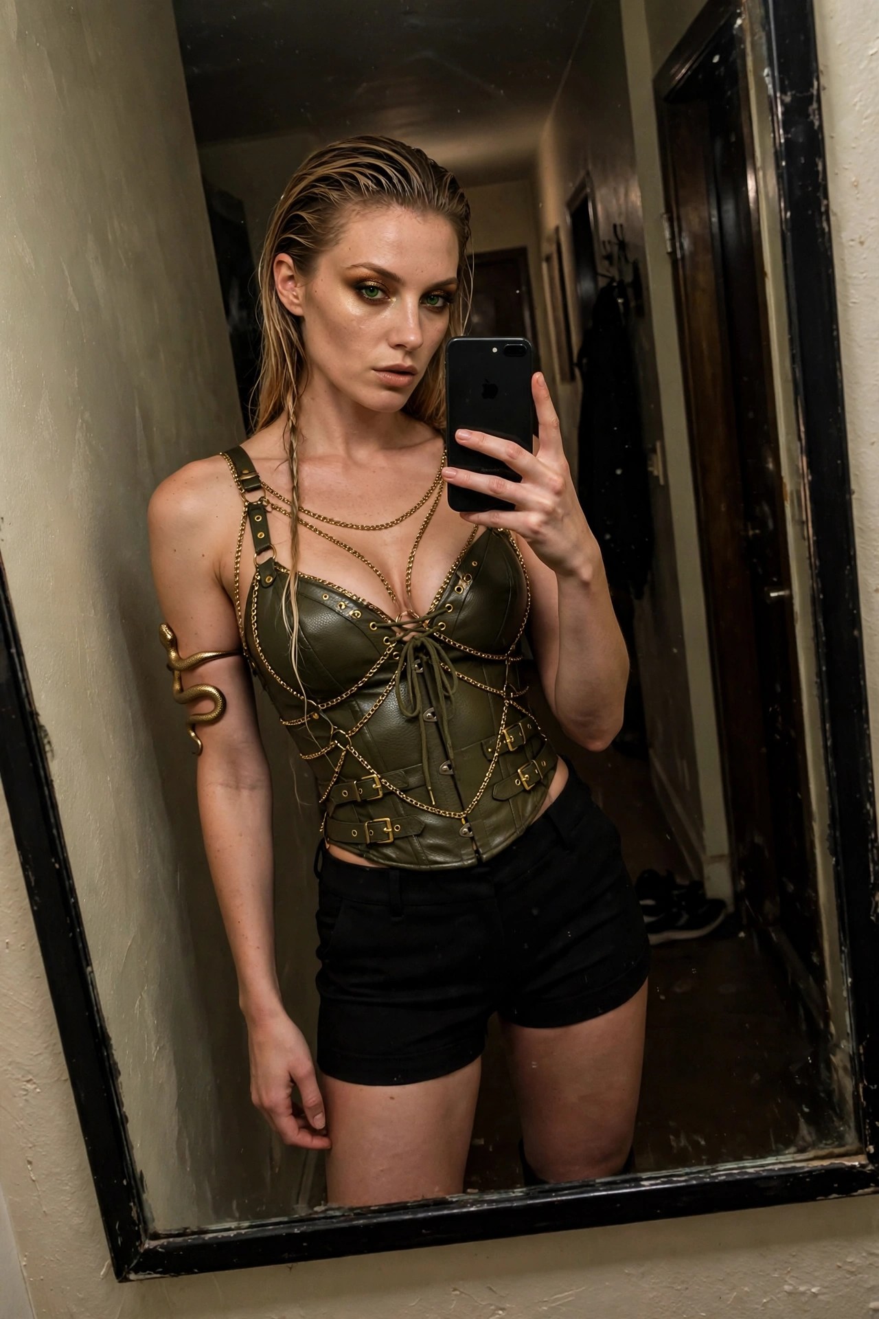 Woman wearing an olive green corset top with gold chains and buckles, a golden snake arm cuff, and black shorts while taking a mirror selfie.