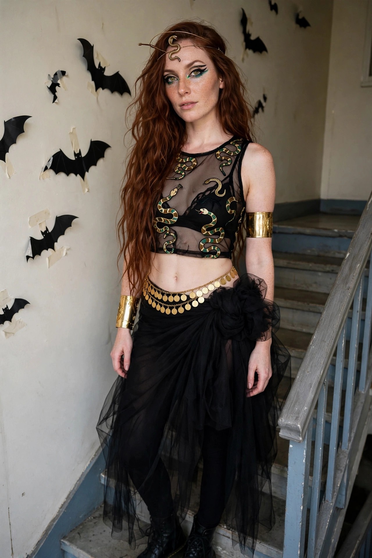 Woman wearing a black mesh crop top covered in gold and green snake embroidery, gold snake headpiece, gold arm cuffs, coin belt, and black tulle skirt with a large fabric flower detail.