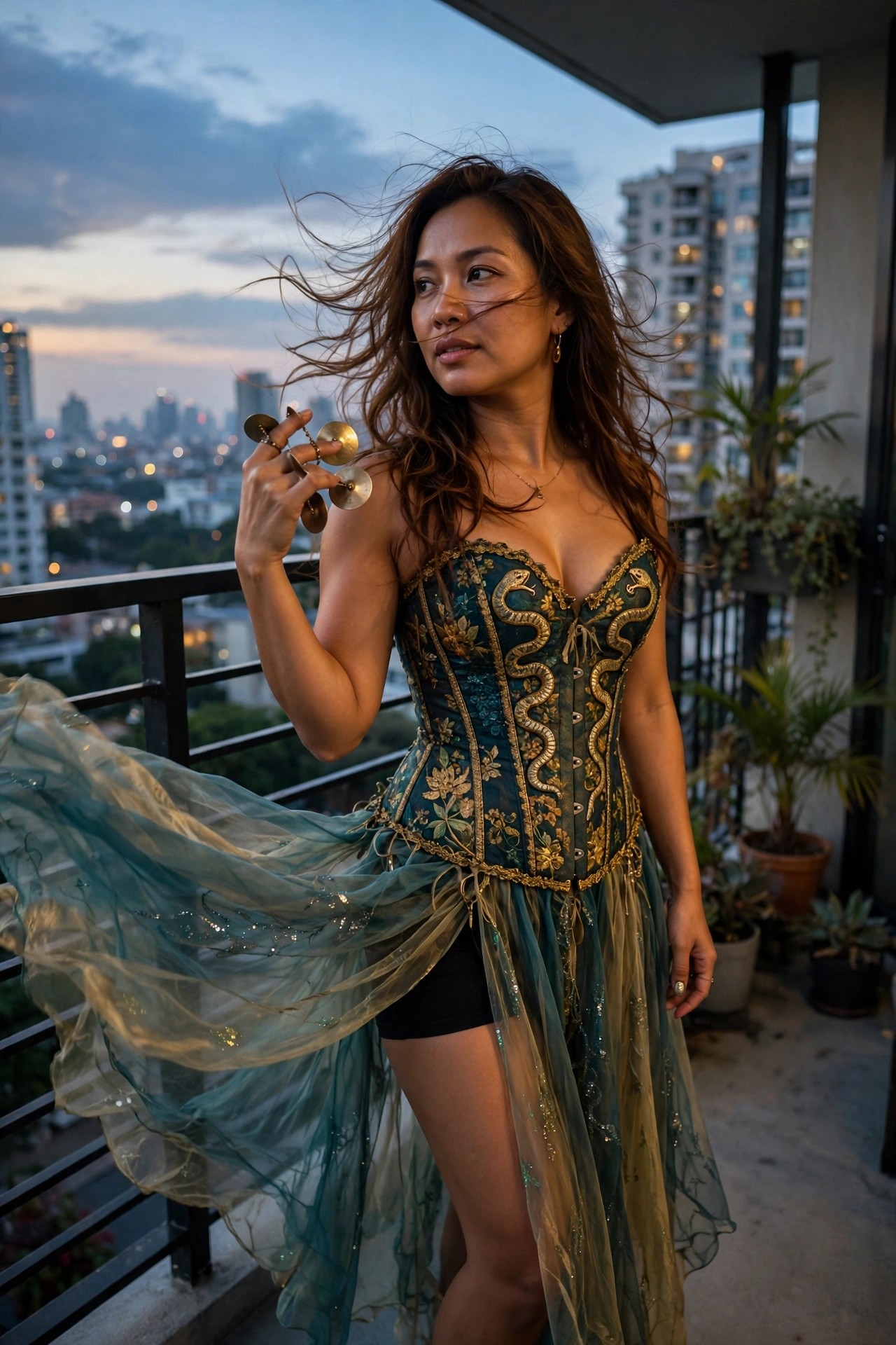 Woman wearing a teal corset with gold snake embroidery and a flowing sheer teal skirt while holding finger cymbals.