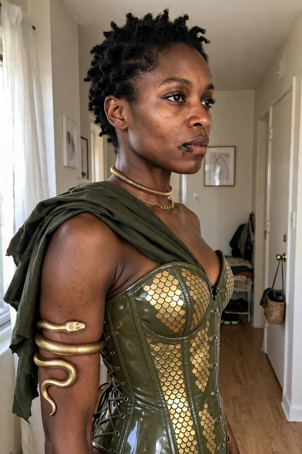 Woman wearing an olive green corset with gold scale details, a large gold snake arm cuff, and a green draped fabric over one shoulder.