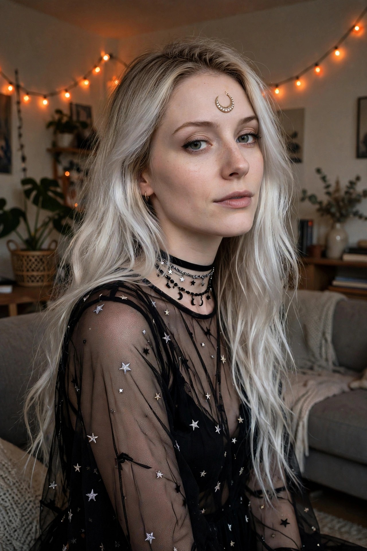 Woman wearing sheer black top with embroidered stars and moons, layered star and crescent chokers, and gold moon forehead jewel for a celestial witch Halloween costume.