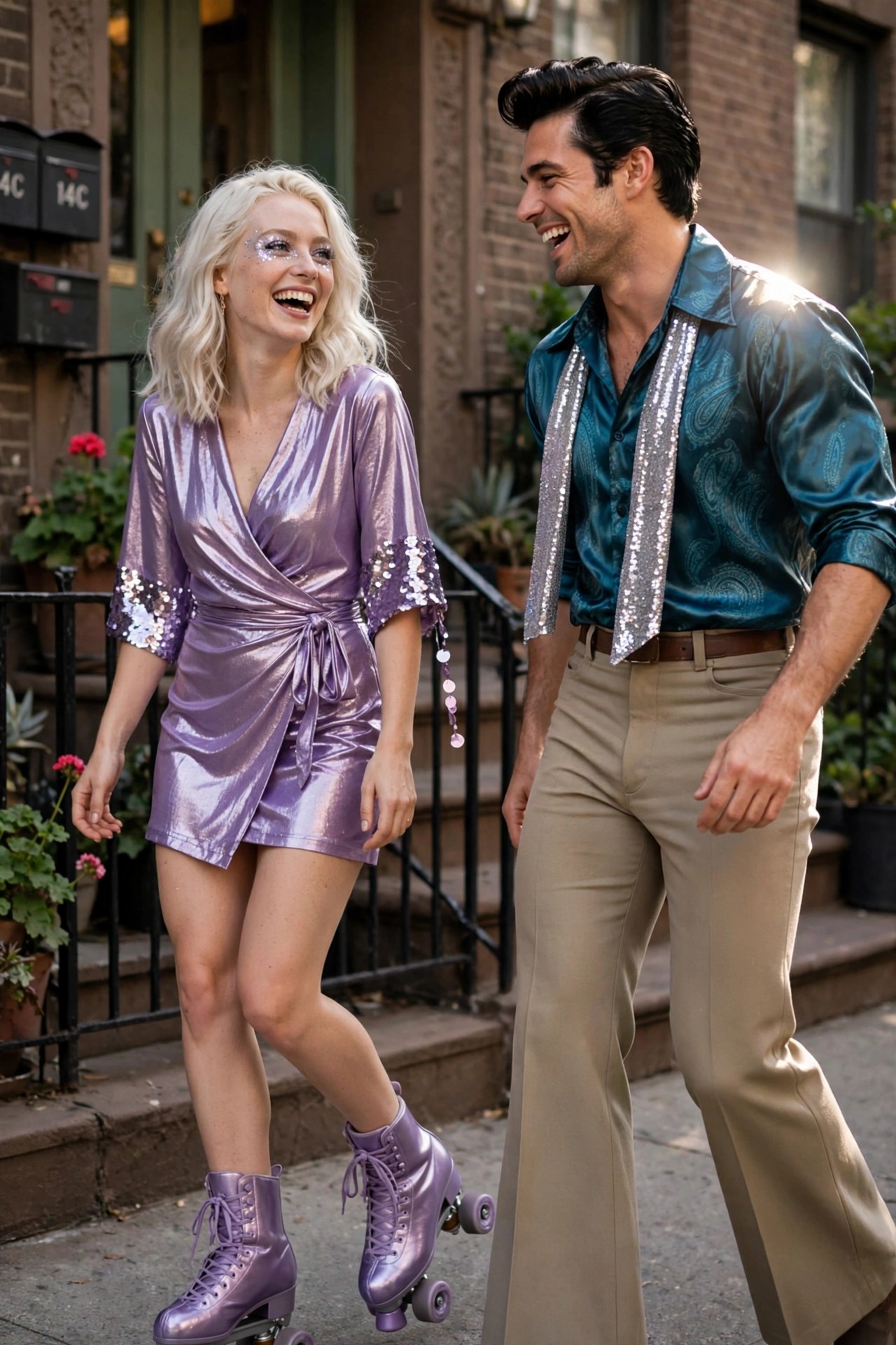 Woman in shiny purple wrap dress and matching roller skates stands beside man in teal paisley shirt with long silver sequin scarf both smiling on a city sidewalk.
