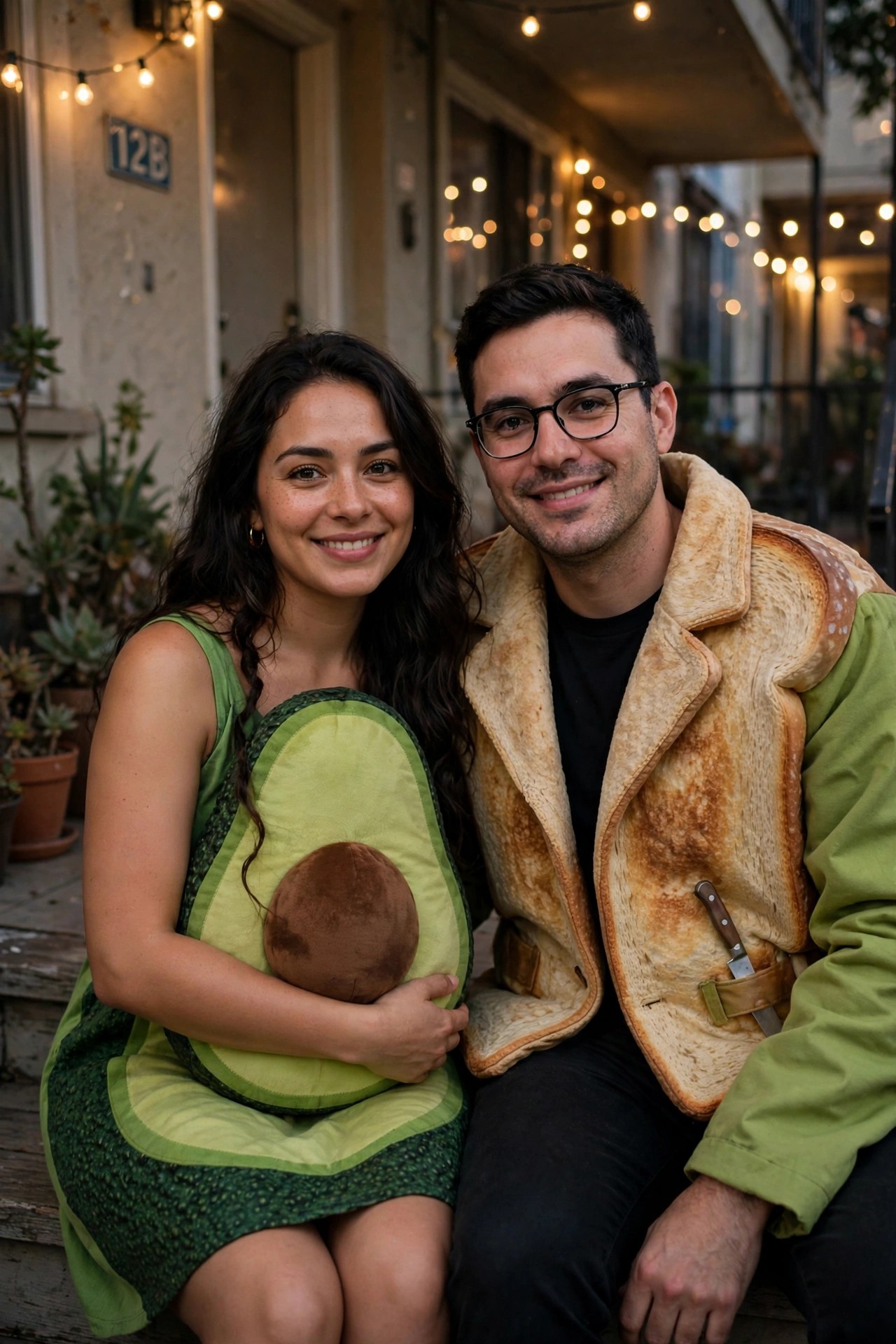 Woman wearing an avocado costume holding a plush avocado pit next to a man wearing a toast costume with a butter knife detail.
