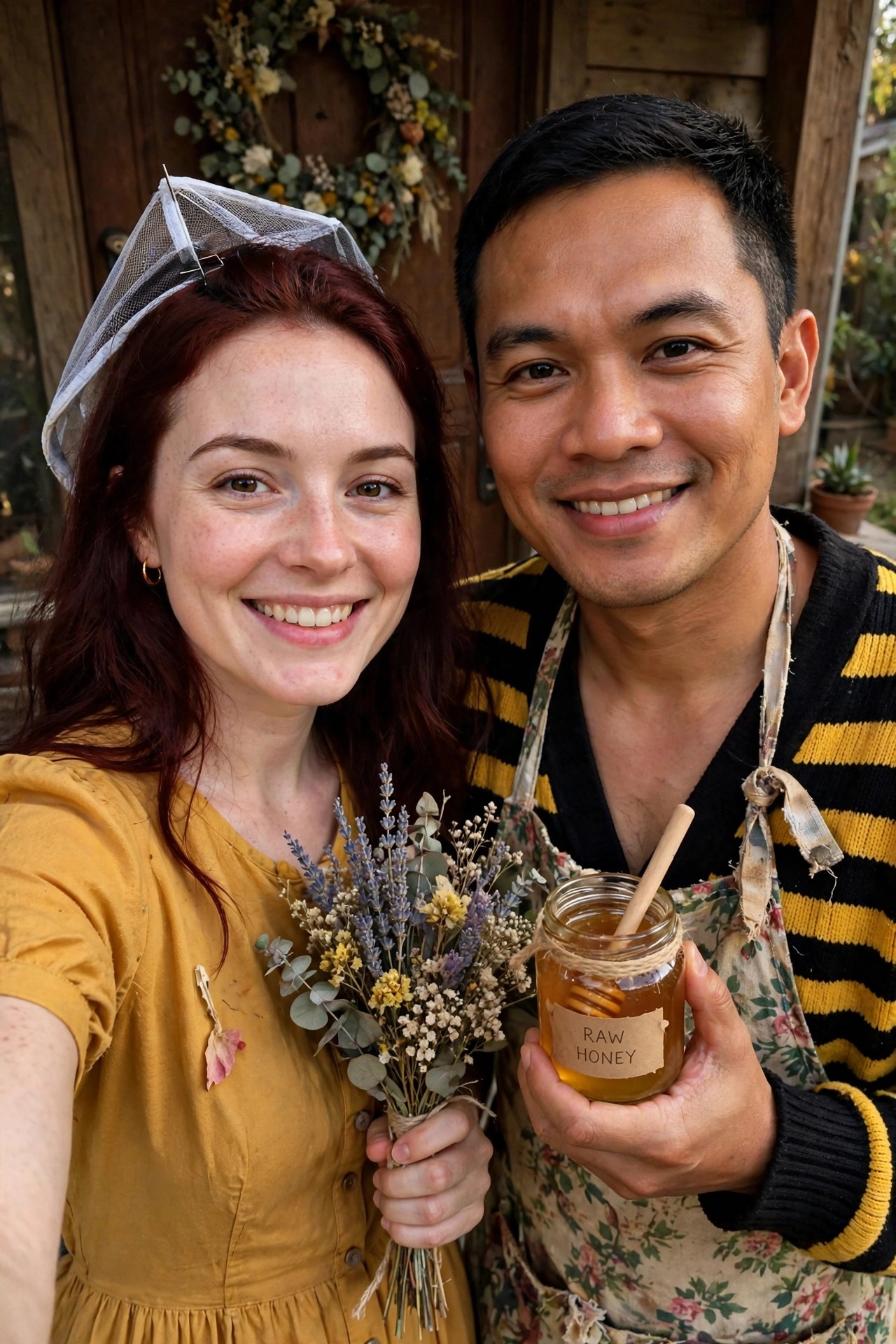 Woman in yellow dress with mesh veil and man in striped sweater and apron holding raw honey jar as matching beekeeper couple costumes.