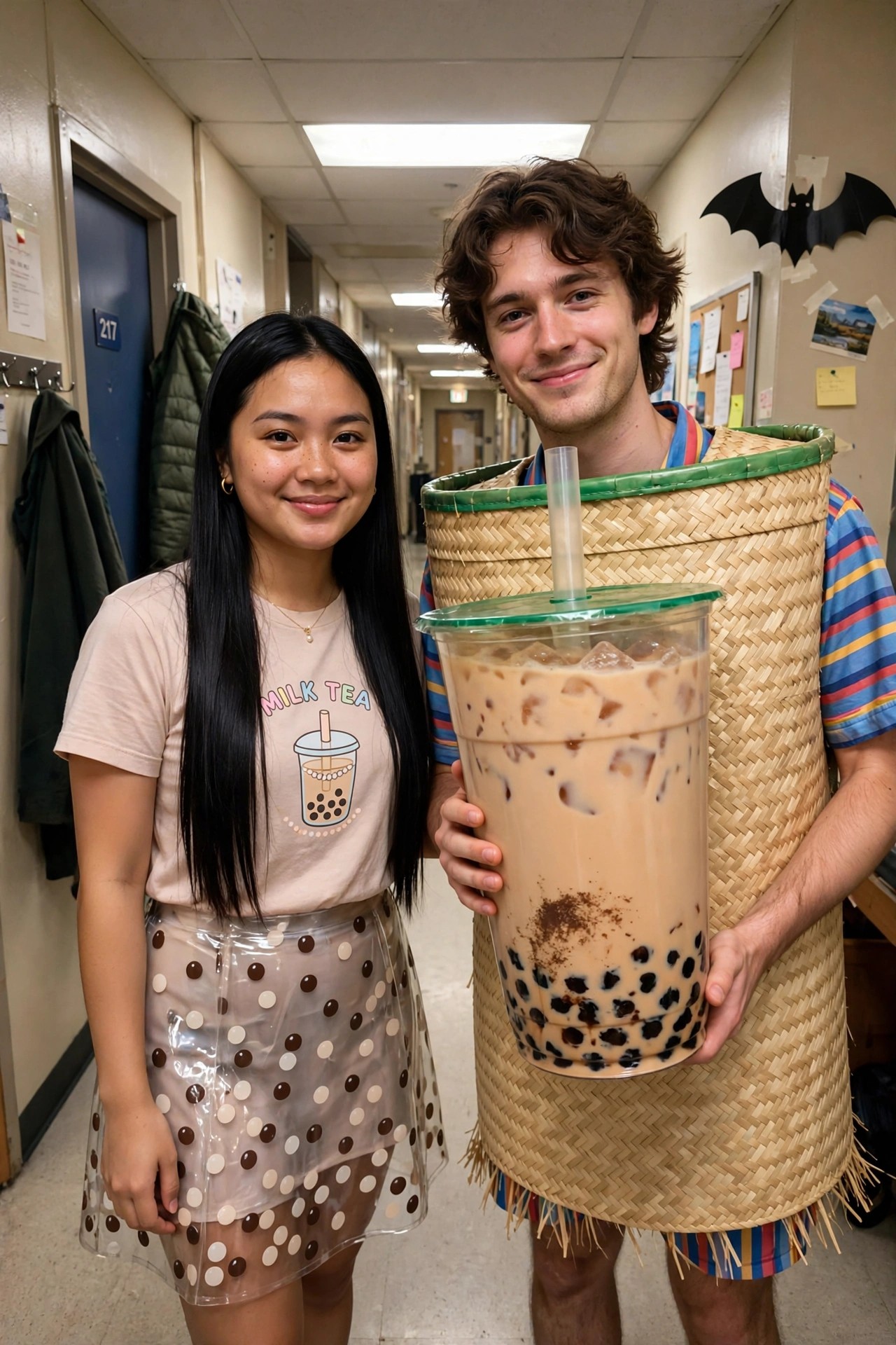 Woman in milk tea graphic tee and polka dot skirt standing next to man wearing large woven boba cup costume with straw.