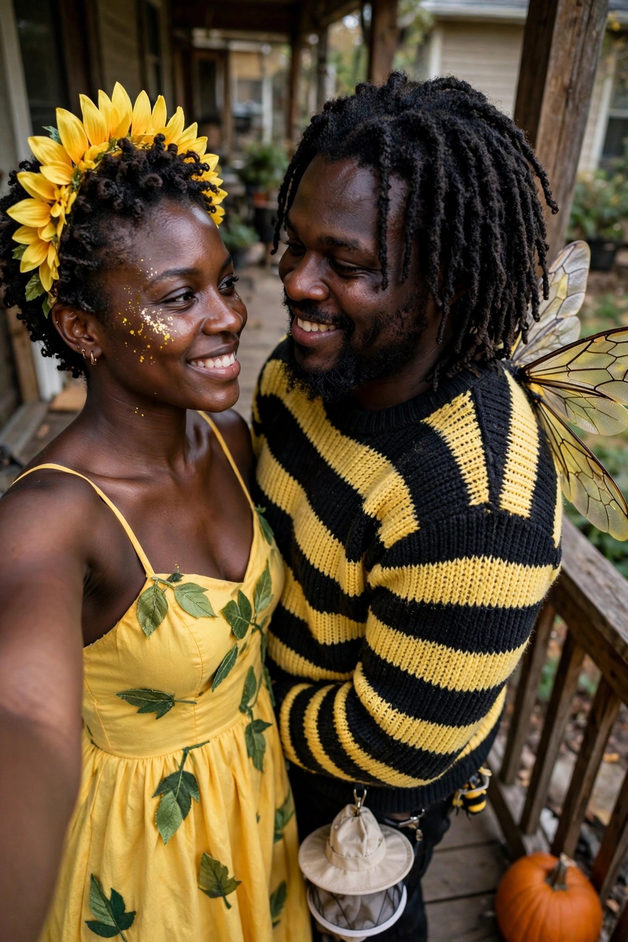 Couple wearing matching bee and sunflower Halloween costumes, with the woman in a yellow leaf print dress and sunflower headpiece and the man in a black and yellow striped sweater with bee wings.