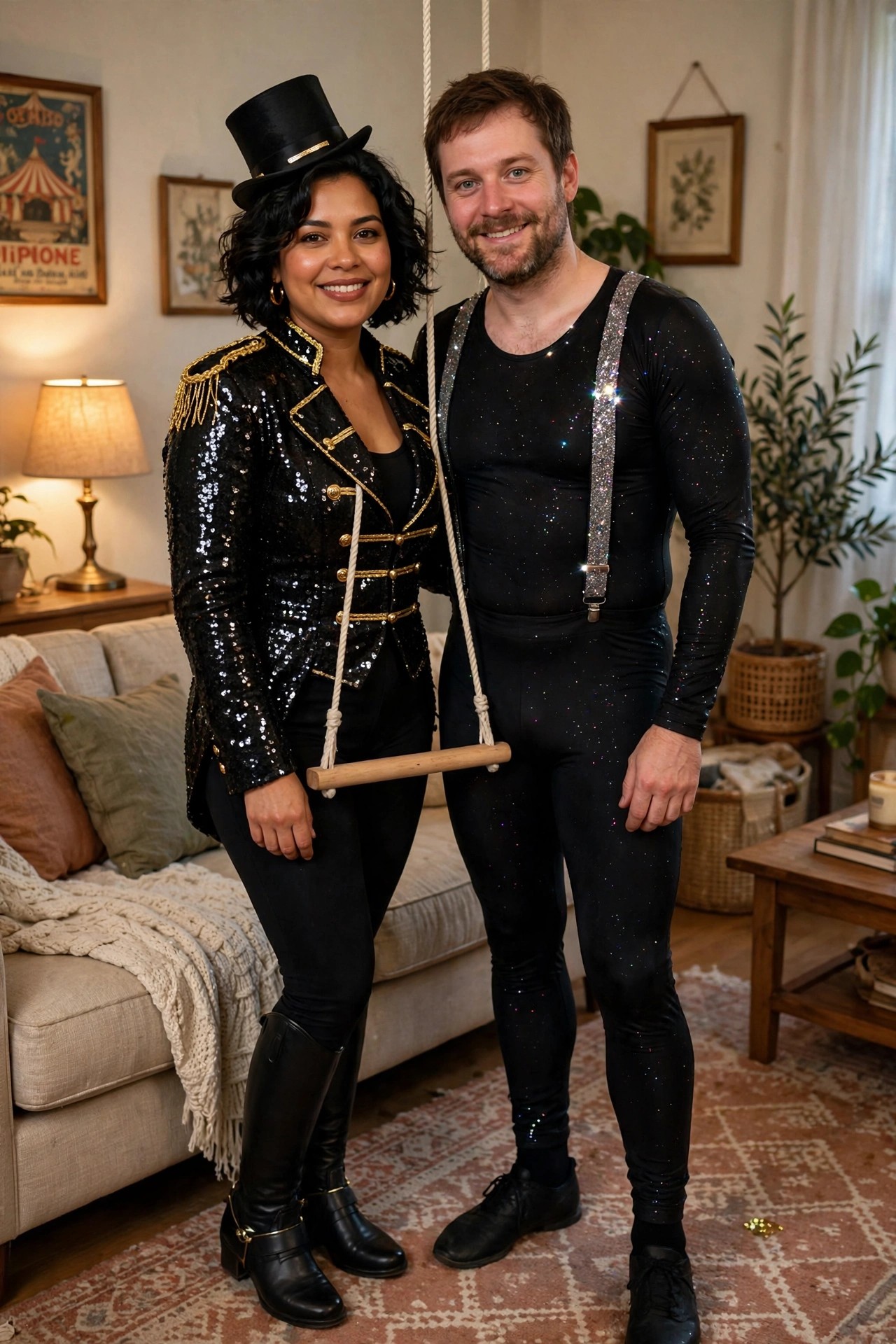 Woman in black sequined ringmaster jacket and top hat standing next to man in black sparkly unitard with silver suspenders holding a small trapeze bar.