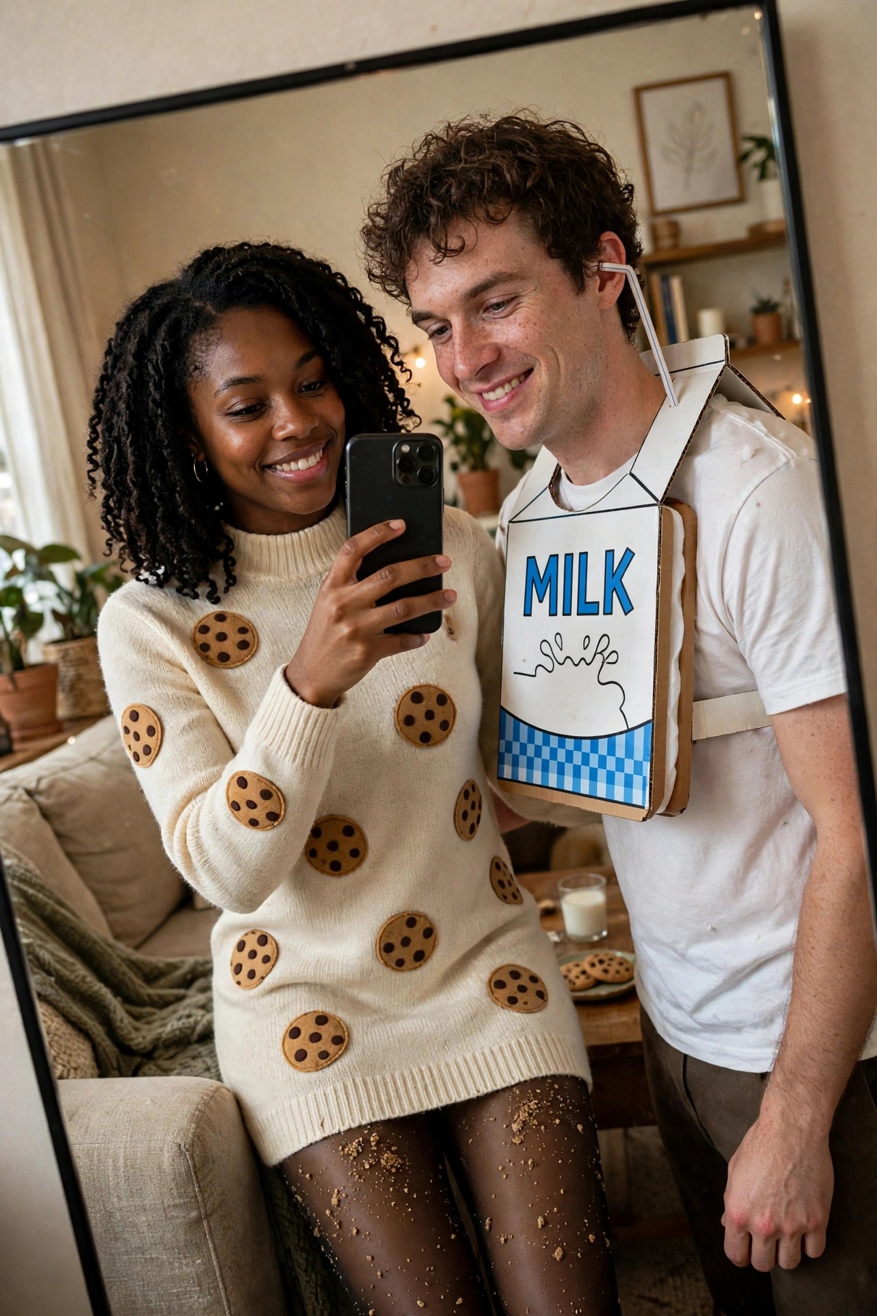 Woman in cookie patterned sweater and man in milk carton costume taking a mirror selfie together.