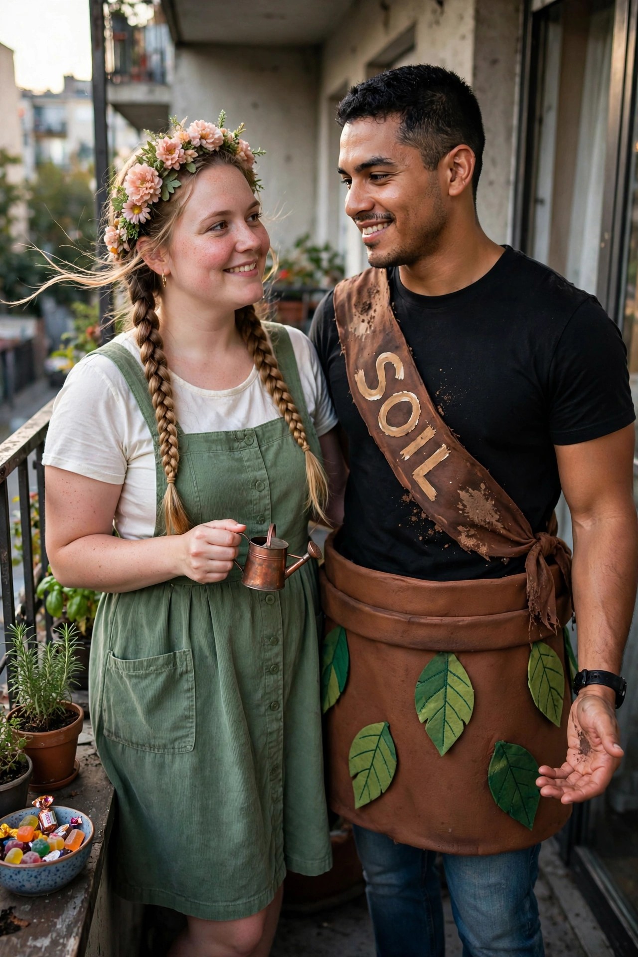 Woman wearing green overalls and flower crown holding a small watering can next to man wearing black shirt with soil sash and brown pot skirt decorated with green leaves.
