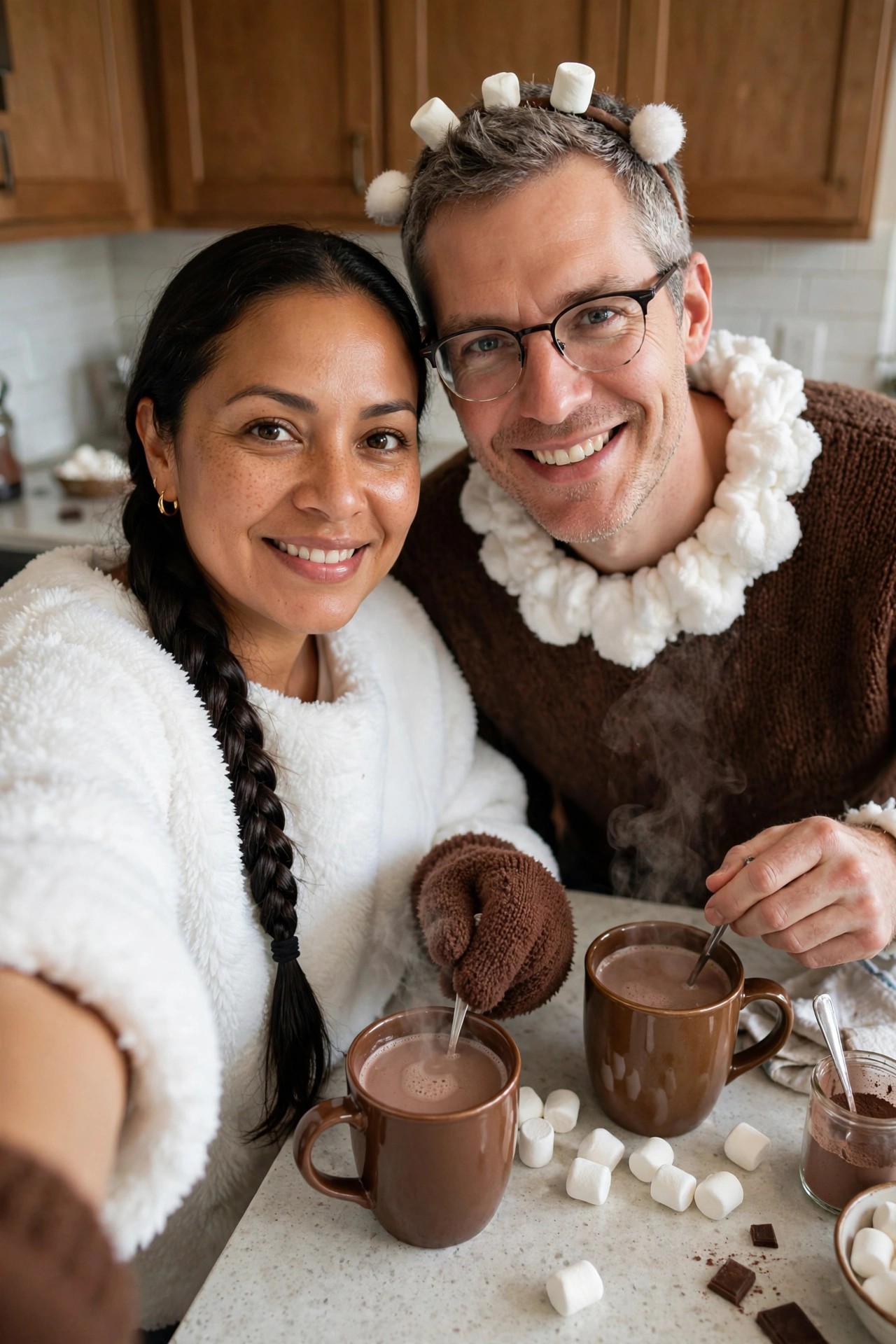 Couple wearing matching hot chocolate costumes with marshmallow headband and fluffy white collar and robe while holding steaming mugs in a kitchen.