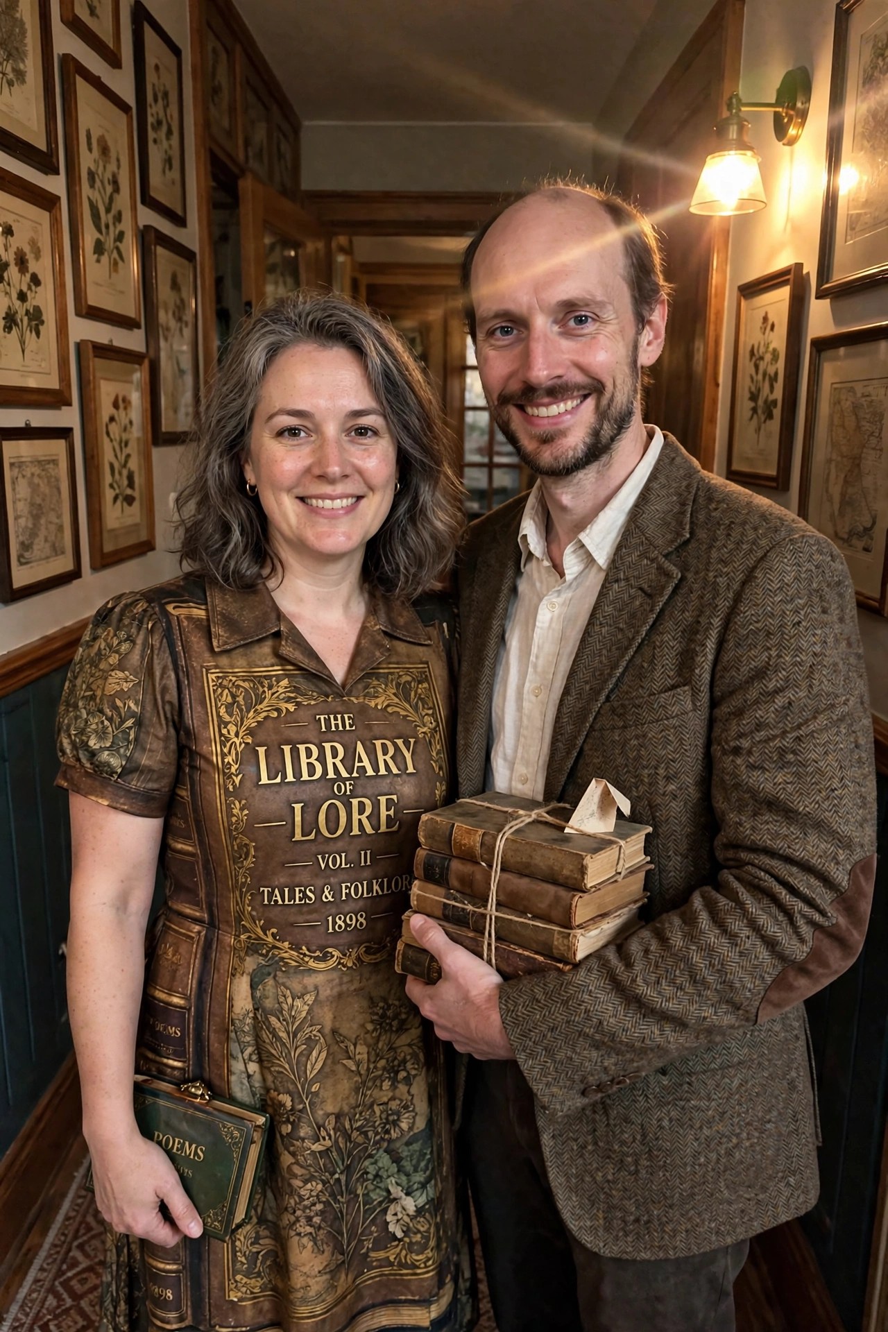 Woman in a dress printed like an old book titled The Library of Lore and man holding a stack of vintage books as a matching literary couple costume.