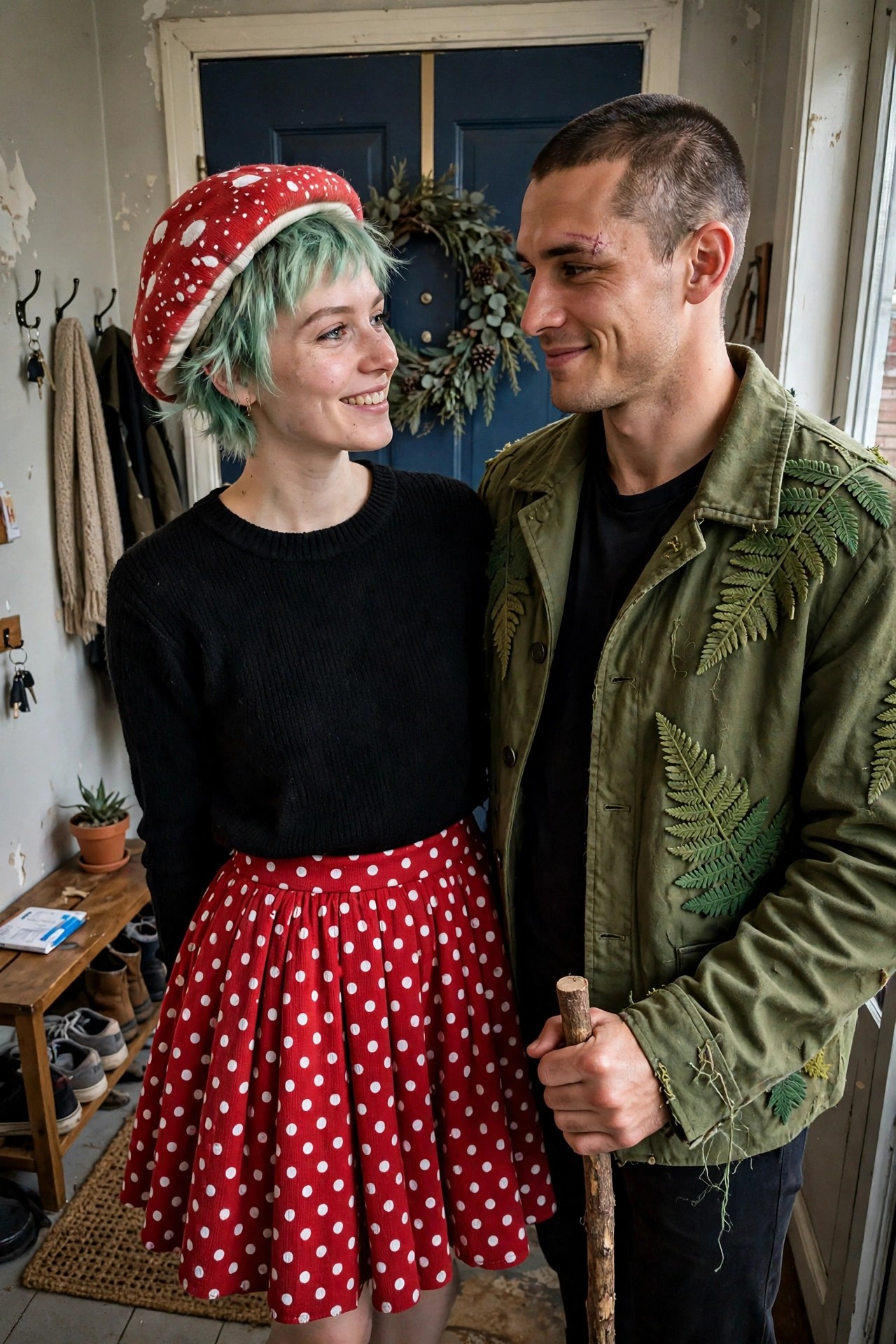 Woman wearing red mushroom hat with white spots and green hair paired with man in green fern-embroidered jacket holding a stick.