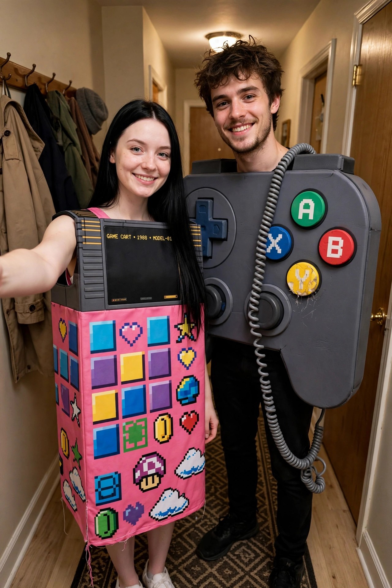 Woman in pink Nintendo game cartridge costume with pixel art and man in matching gray Nintendo controller costume with visible A B X Y buttons and coiled cord.