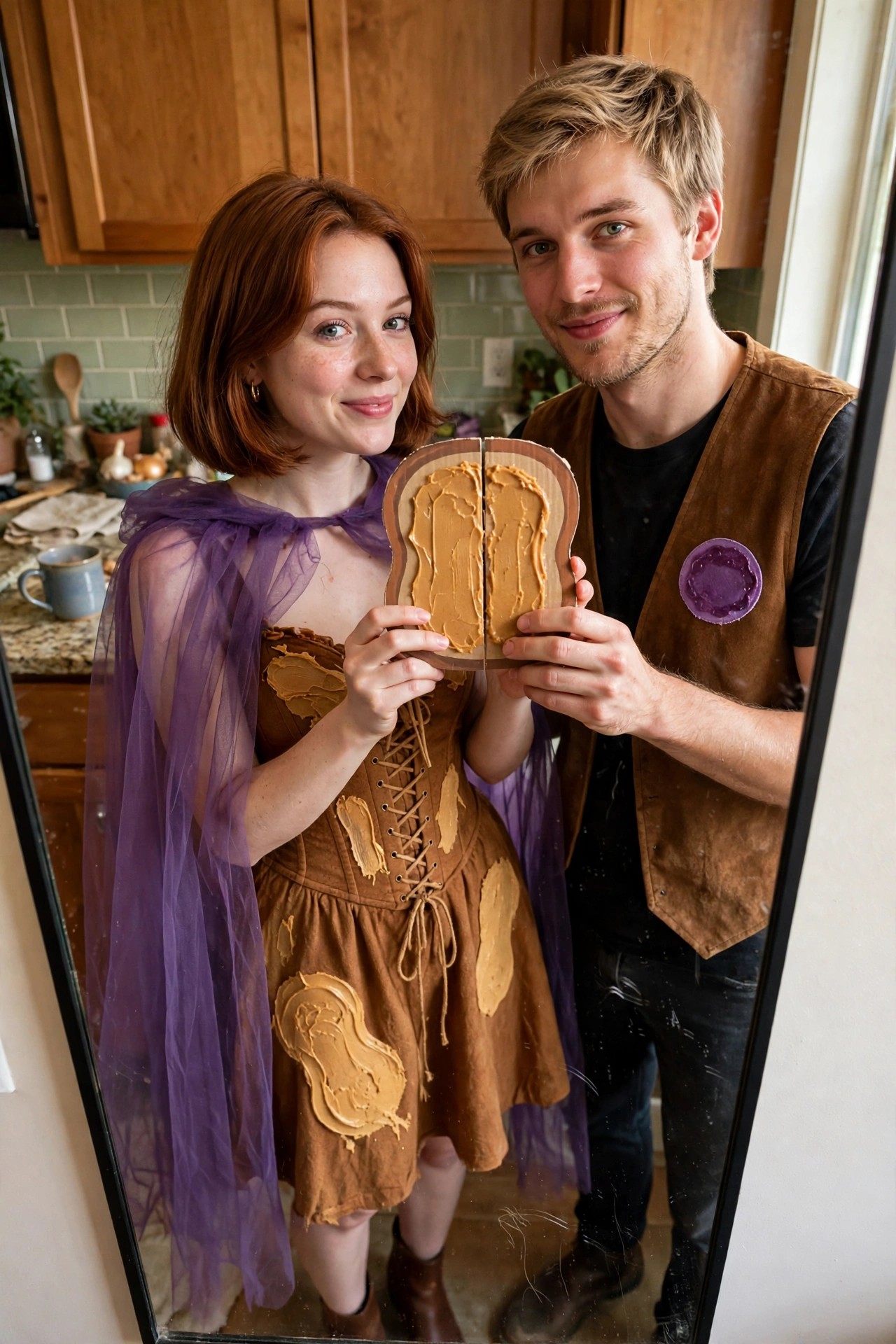 Couple dressed as peanut butter and jelly sandwiches holding a large split sandwich prop, woman in brown dress with peanut butter smears and purple cape, man in brown vest with purple jelly badge.