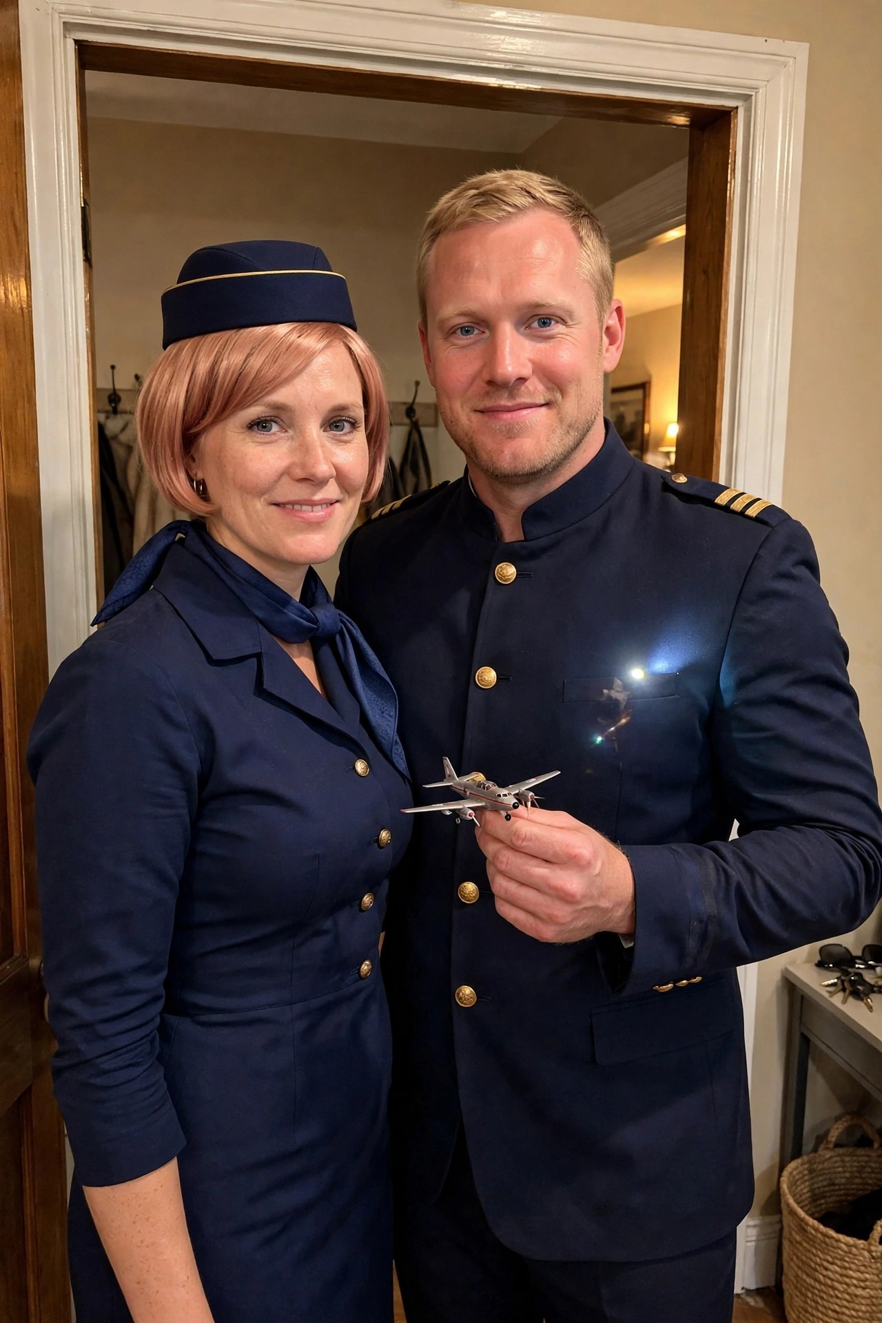 Couple wearing matching navy pilot and flight attendant costumes, woman in hat and scarf, man holding small model airplane.