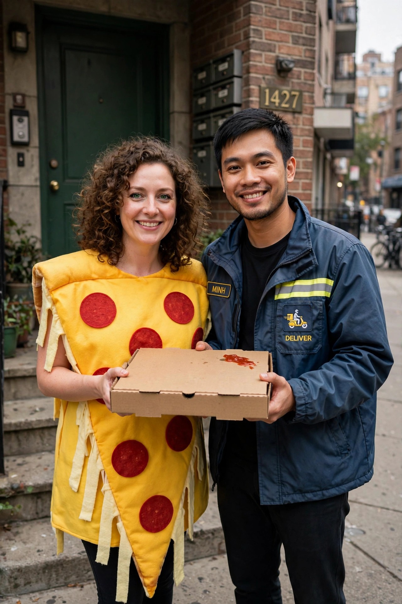 Woman wearing a large yellow pizza slice costume with red pepperoni circles stands beside a man in a blue delivery jacket holding an open pizza box on a city sidewalk.