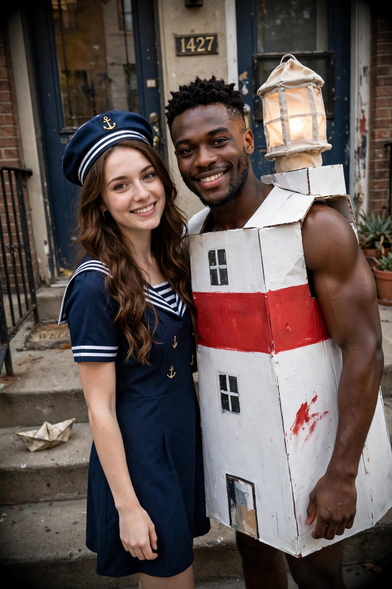 Woman wearing a navy sailor dress and hat standing beside a man in a cardboard lighthouse costume with red stripe and lit lantern top.