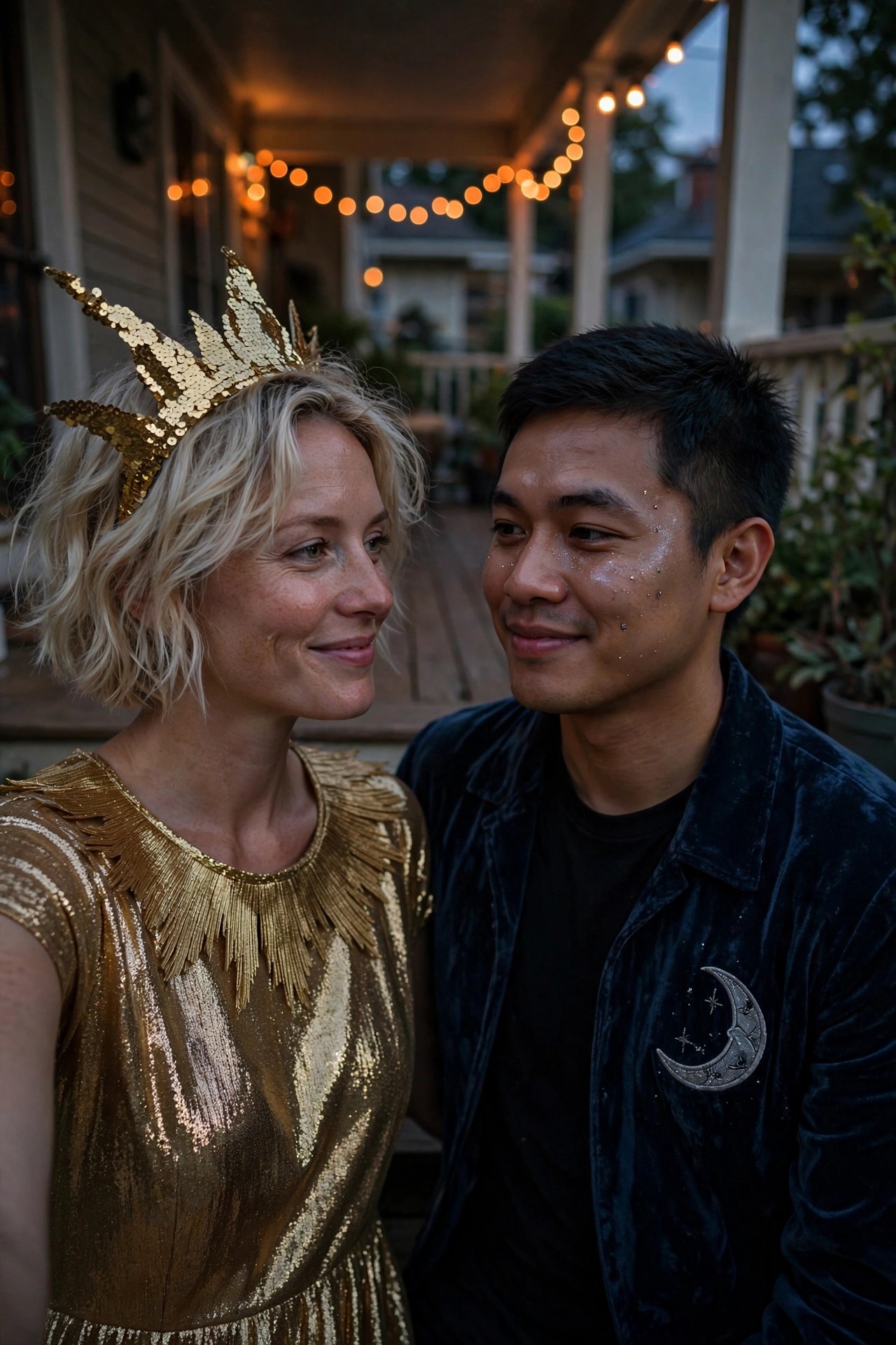 Woman in gold sequin dress and crown next to man in navy velvet jacket with moon patch and face glitter for matching sun and moon couple costumes.