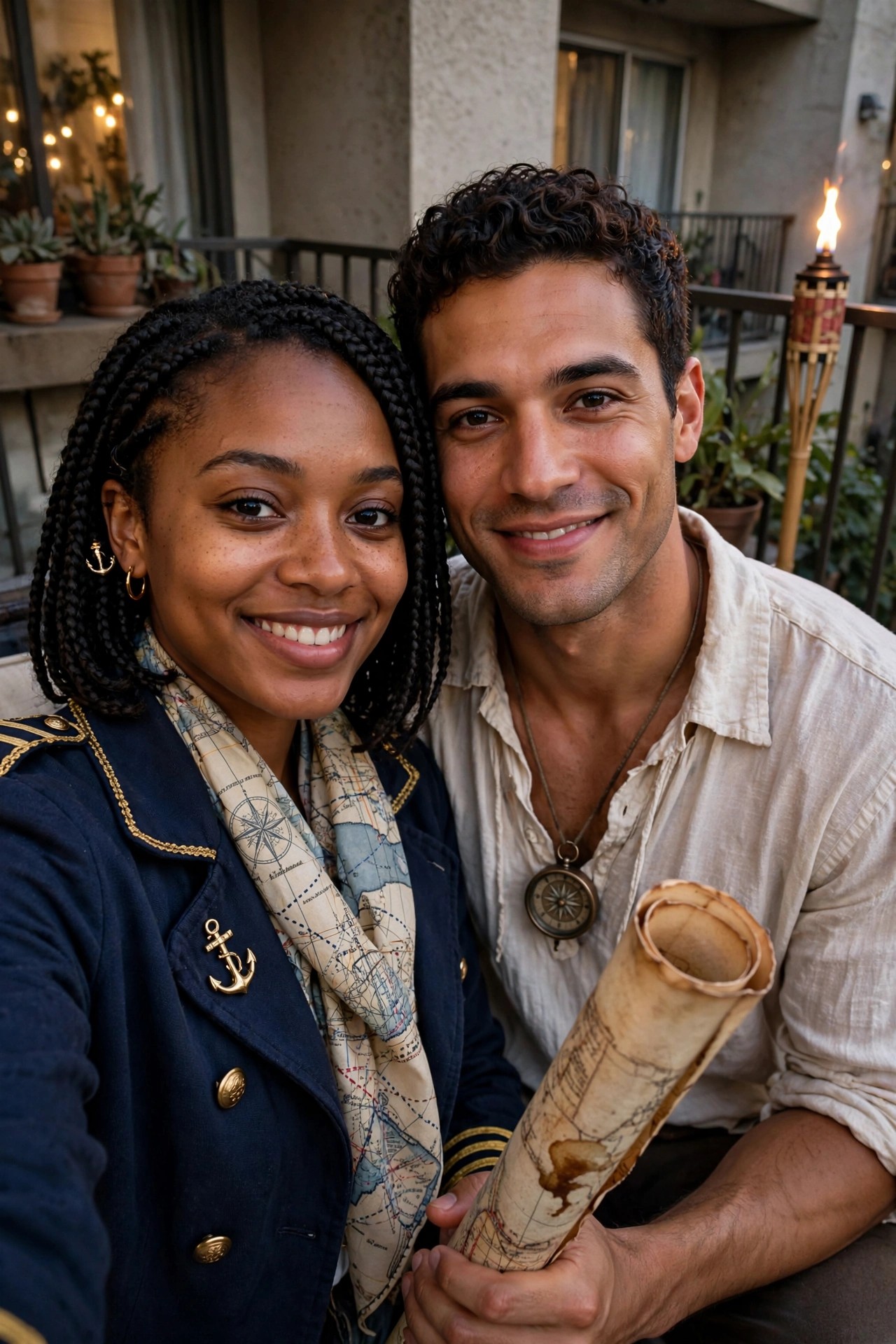 Couple in matching pirate navigator costumes with navy anchor jacket, map scarf, compass necklace, and rolled treasure map.